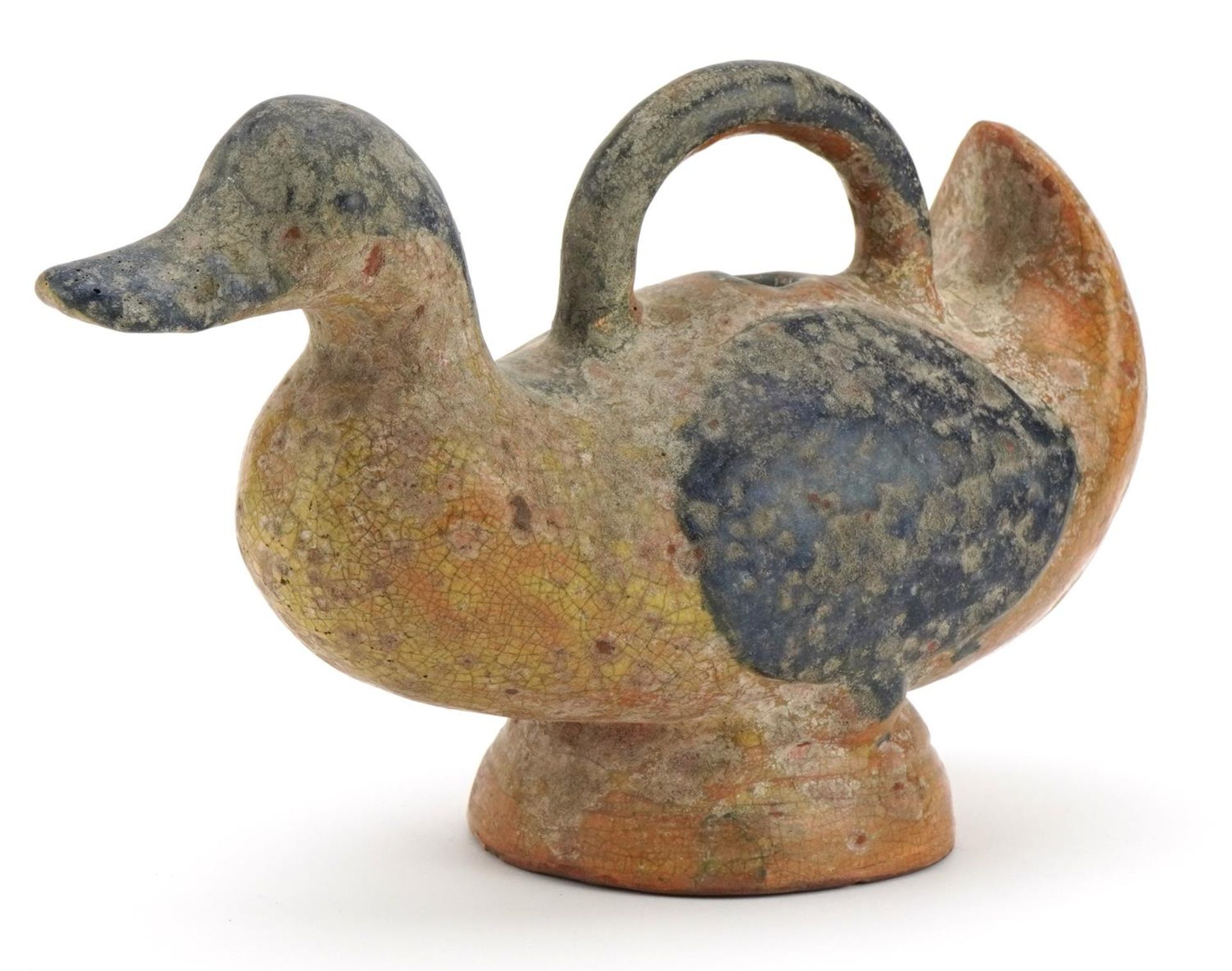 Chinese pottery duck water dropper having a sancai type glaze, 26cm in length