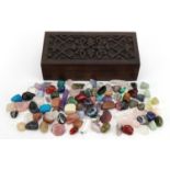 Collection of rock minerals and specimens including rose quartz, tiger's eye, turquoise, lapis