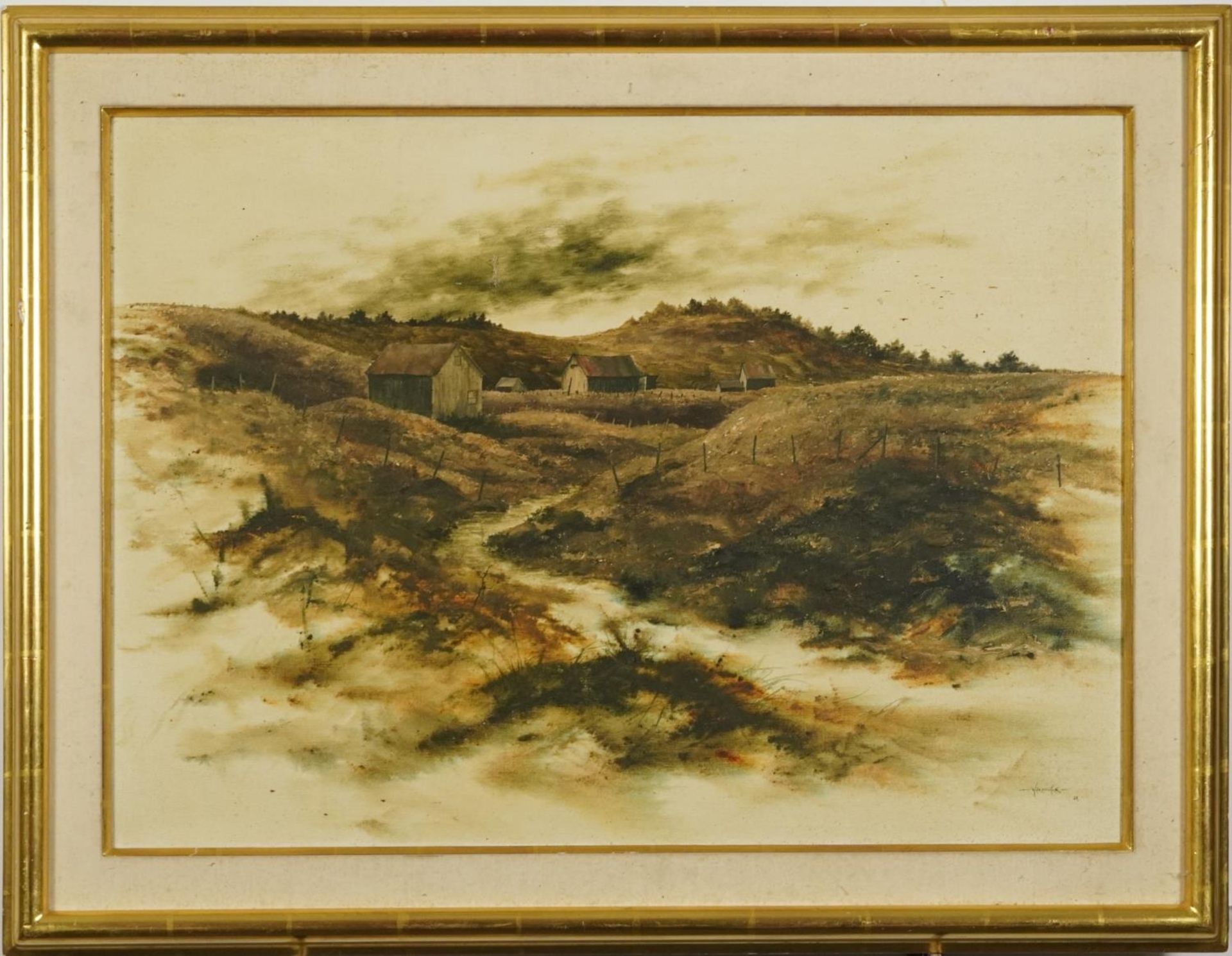 Rural Welsh landscape with farm buildings, oil on canvas, indistinctly signed and inscribed verso, - Bild 2 aus 7