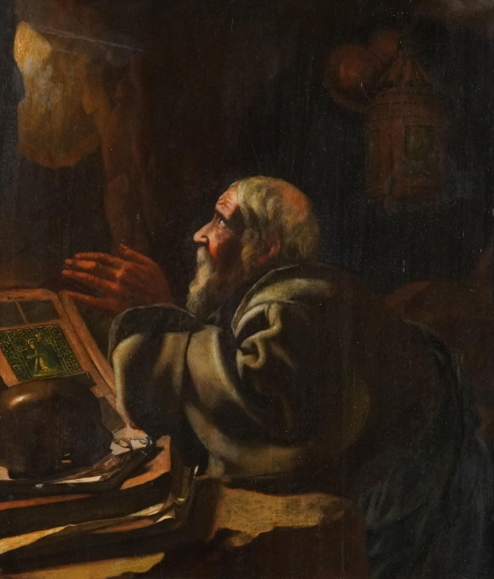 Saint at prayer in a cave beside Memento Mori Skull, 19th century oil on wood panel, framed, 28cm