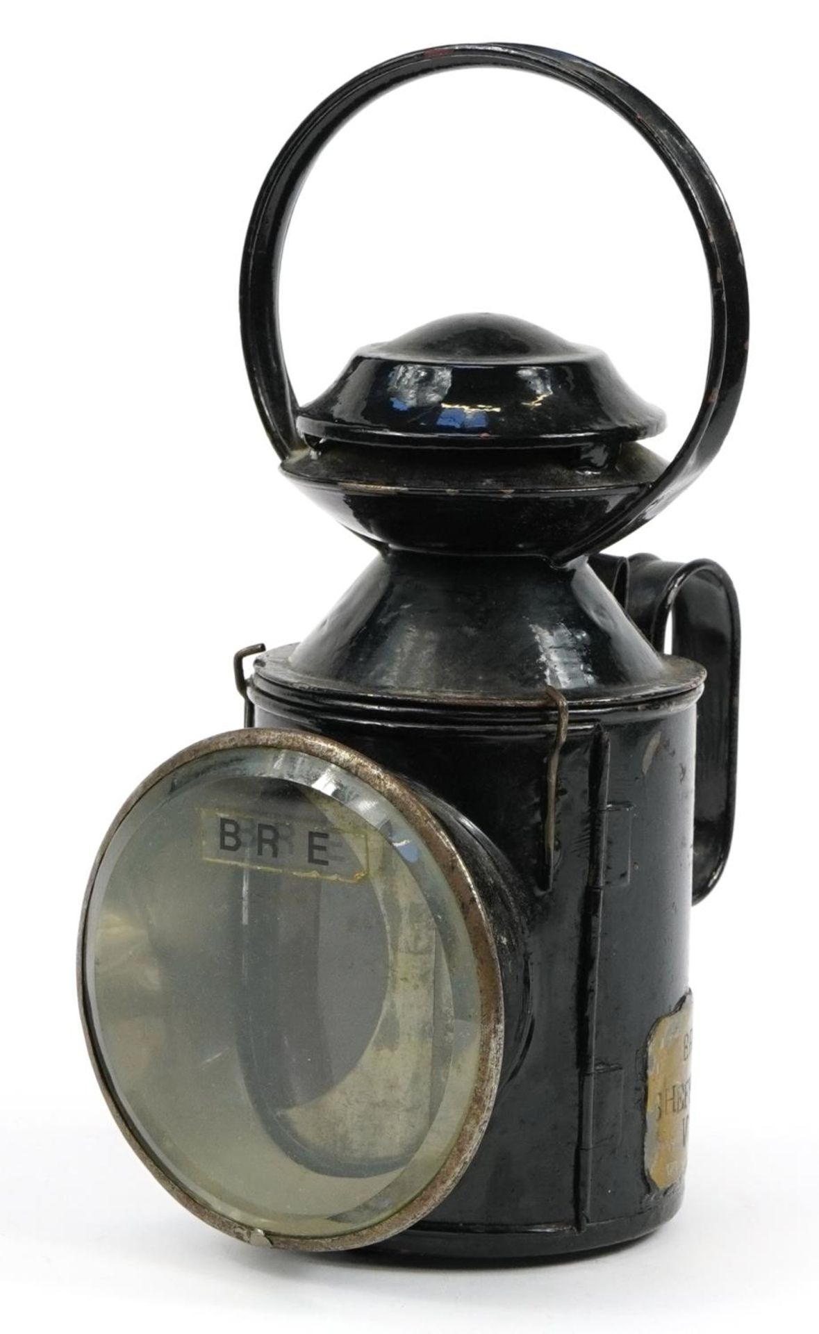 Railwayana interest British Railway lantern with plaque impressed BR (E) Sheffield Vic 18, ceramic