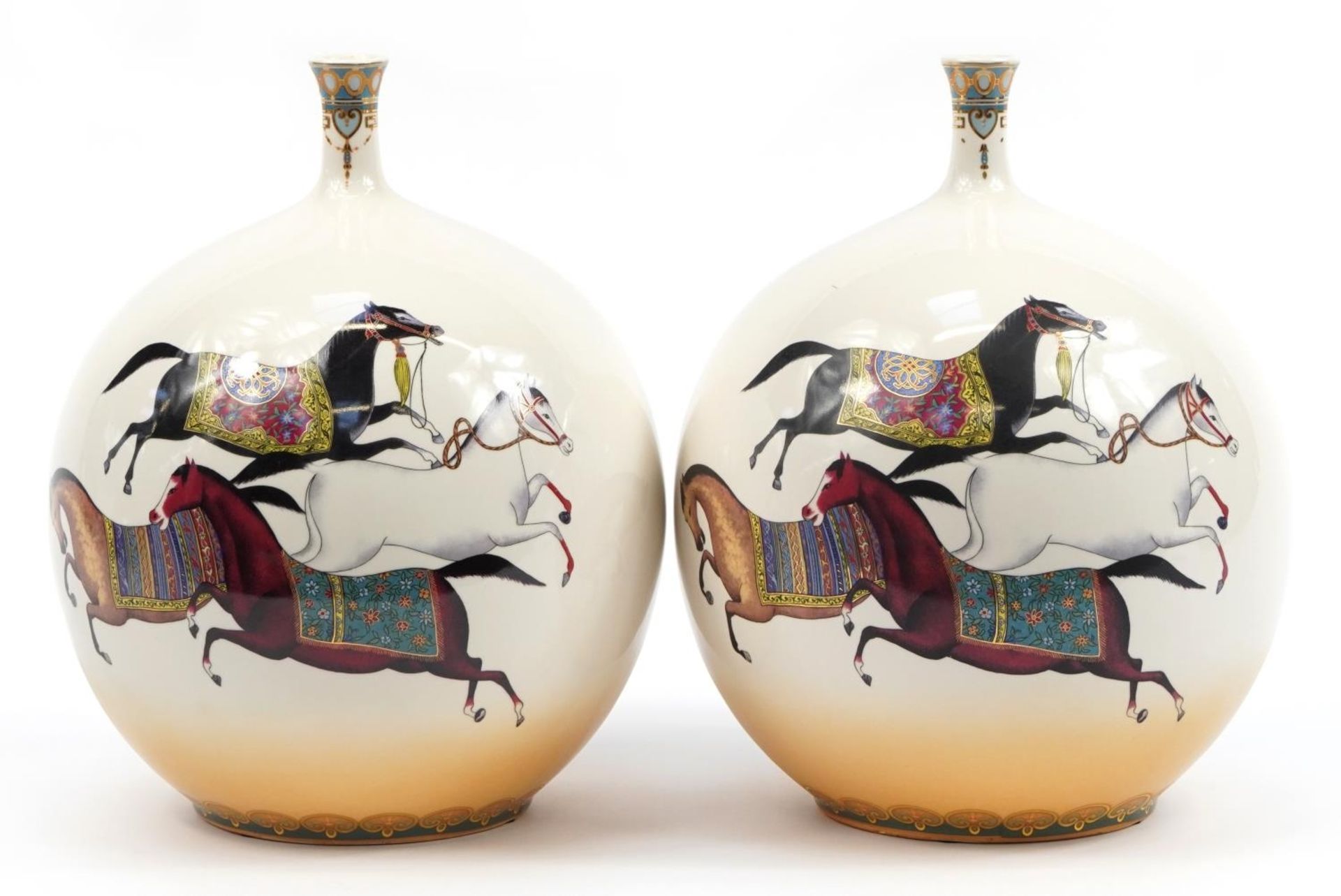 Large pair of globular porcelain vases decorated with horses, 38cm high - Image 2 of 3