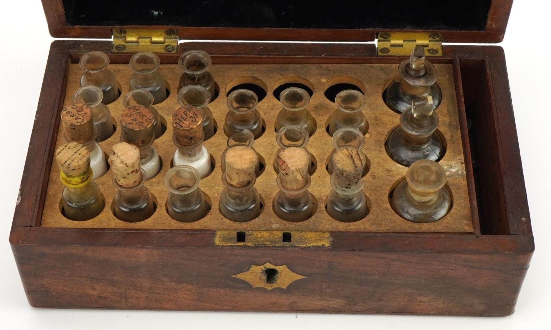 Victorian mahogany apothecary box with glass bottles with leather lining and impressed By - Image 3 of 5