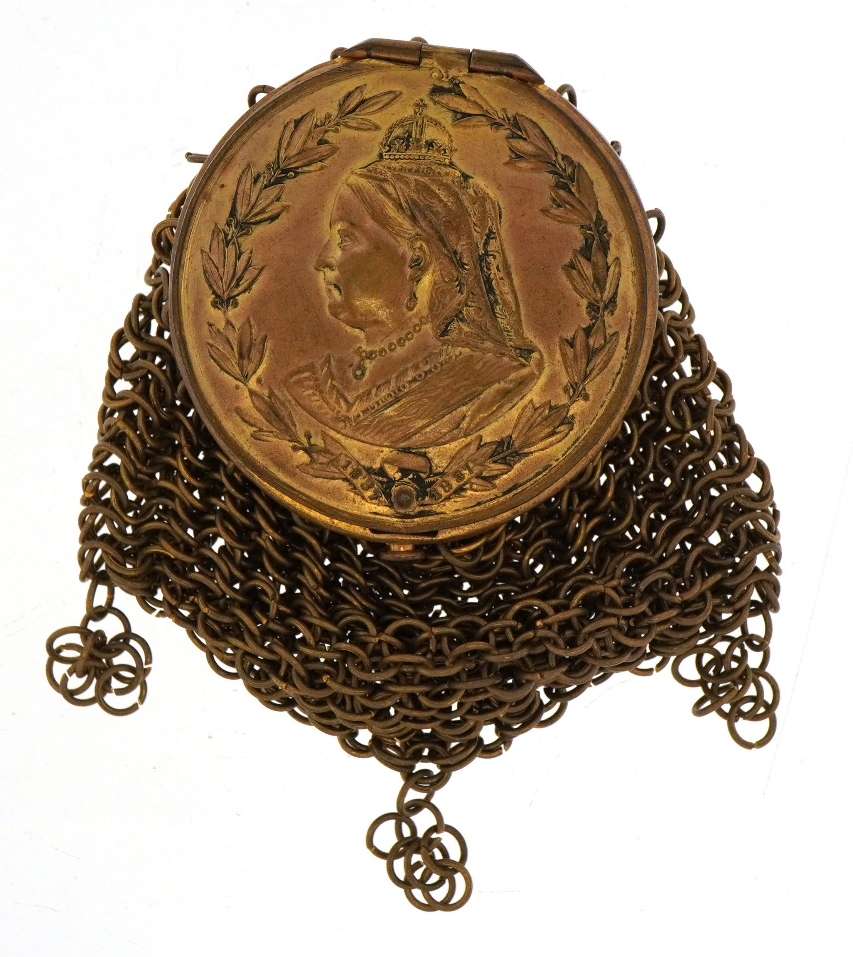 Victorian brass miser's purse with a bust of Queen Victorian and sovereign holder, 9cm high