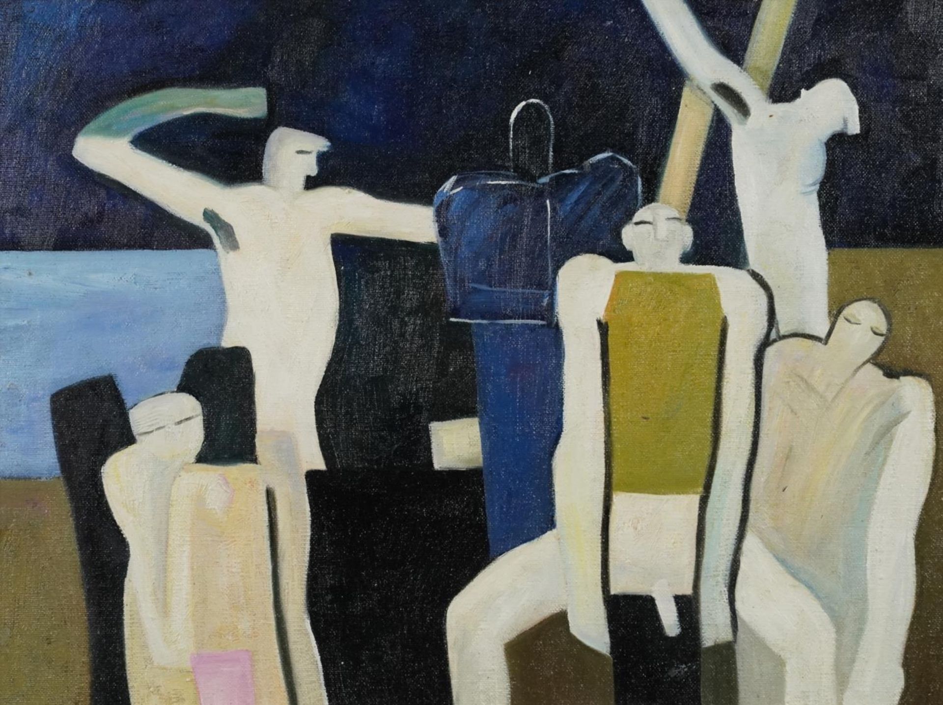 Manner of Keith Vaughan - Group of figures, Modern British school oil on board, framed, 39.5cm x