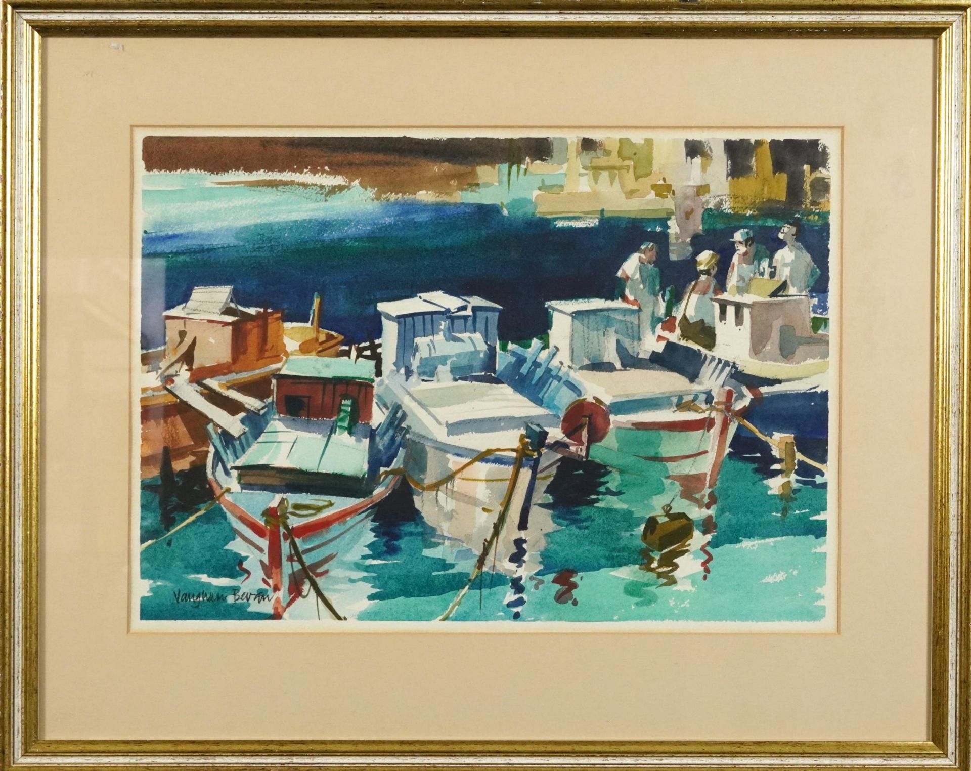 Vaughan Gwilliam Bevan - Fishing boats, Greece, watercolour, Penns Fine Art Gallery label verso, - Bild 2 aus 5