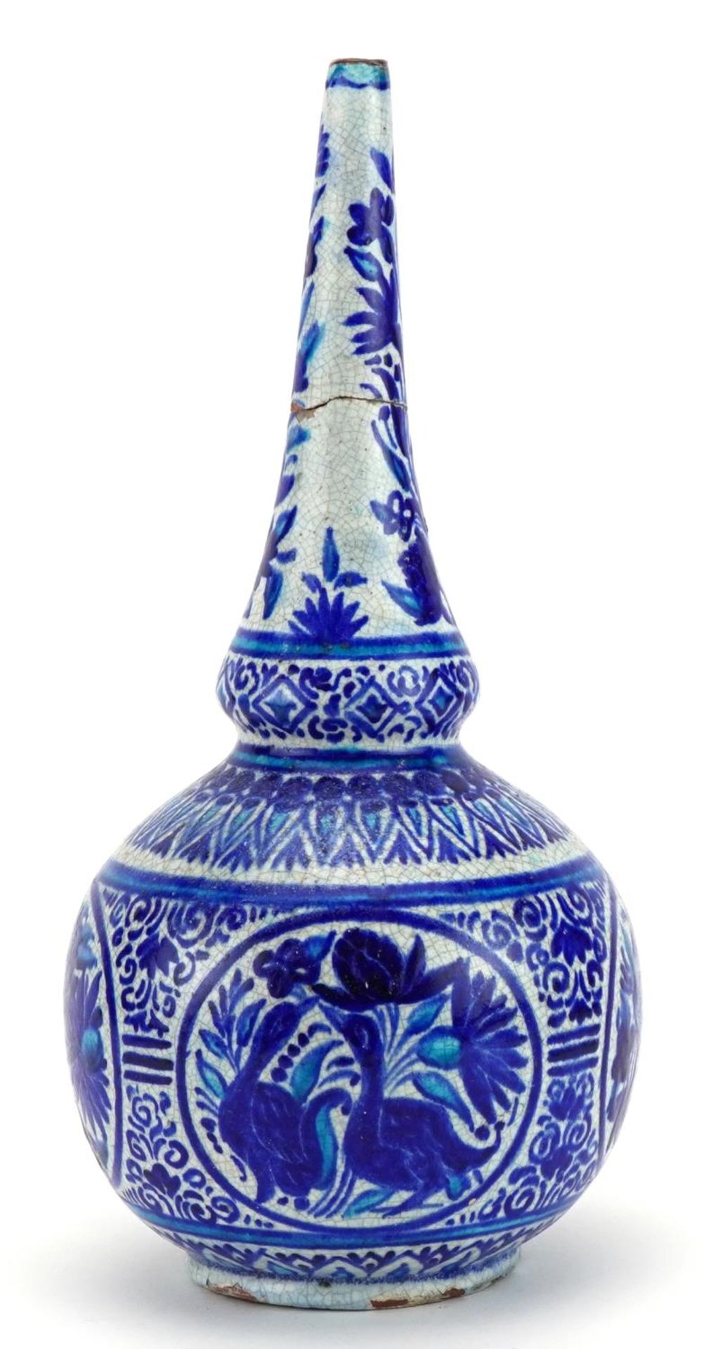 Middle Eastern Pottery vase hand painted with birds and floral motifs, inscribed to the base, 29cm