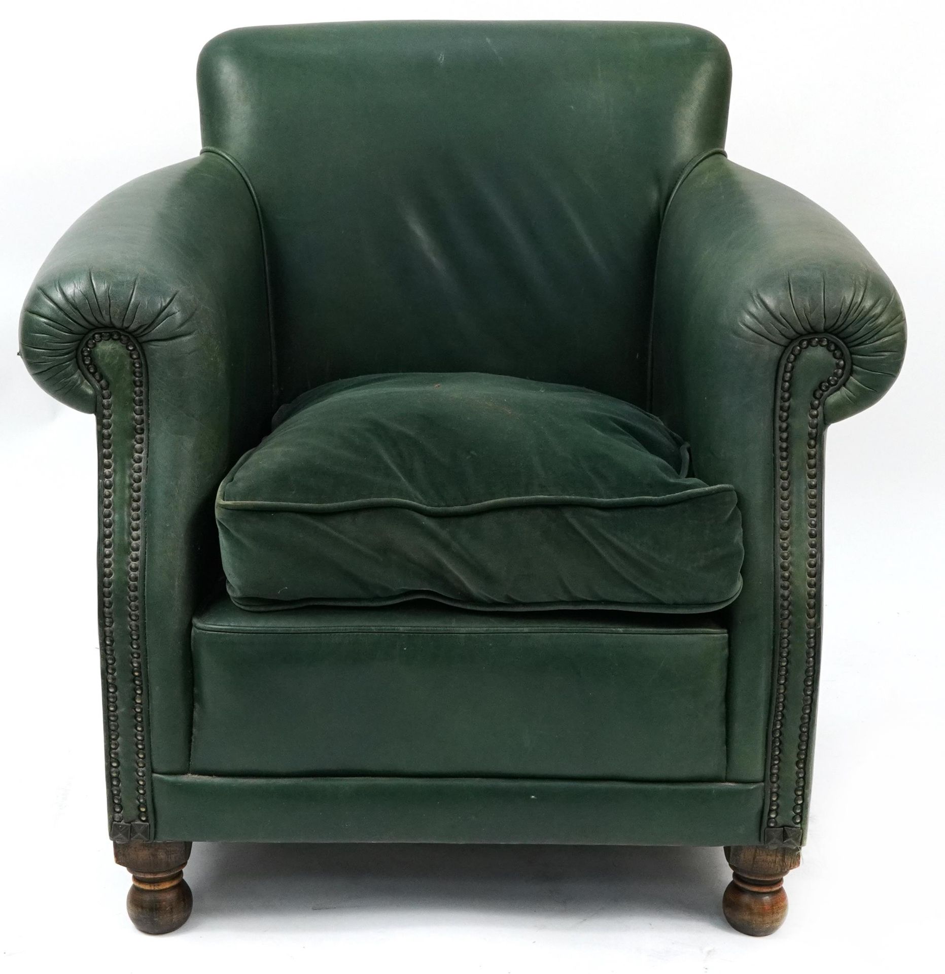 Oak framed armchair with green leather upholstery, 80cm high - Bild 2 aus 3