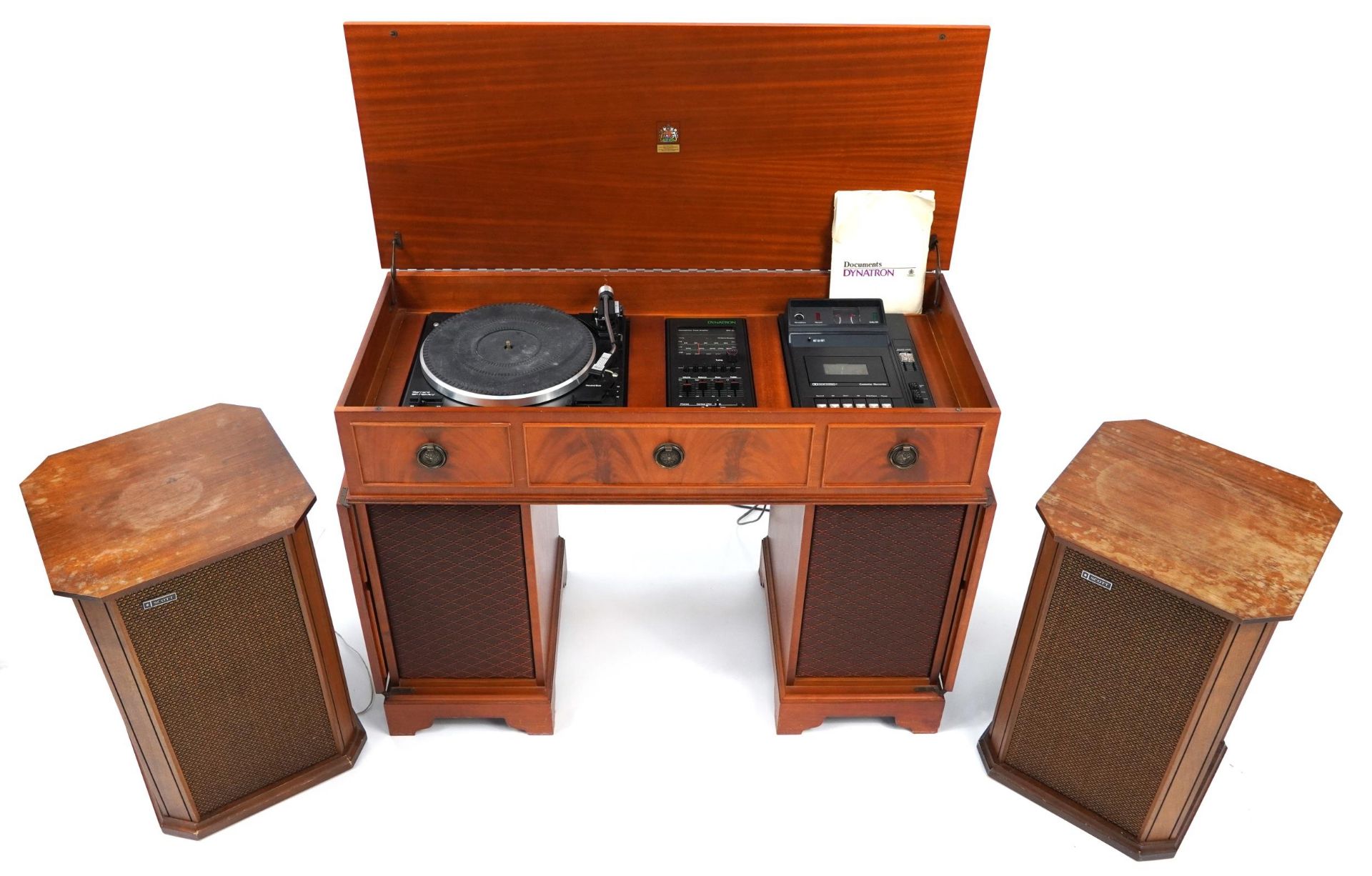 Yew twin pedestal desk gramophone cabinet housing a Garrard SP25MKV turntable, Dynatron tuner - Bild 2 aus 5