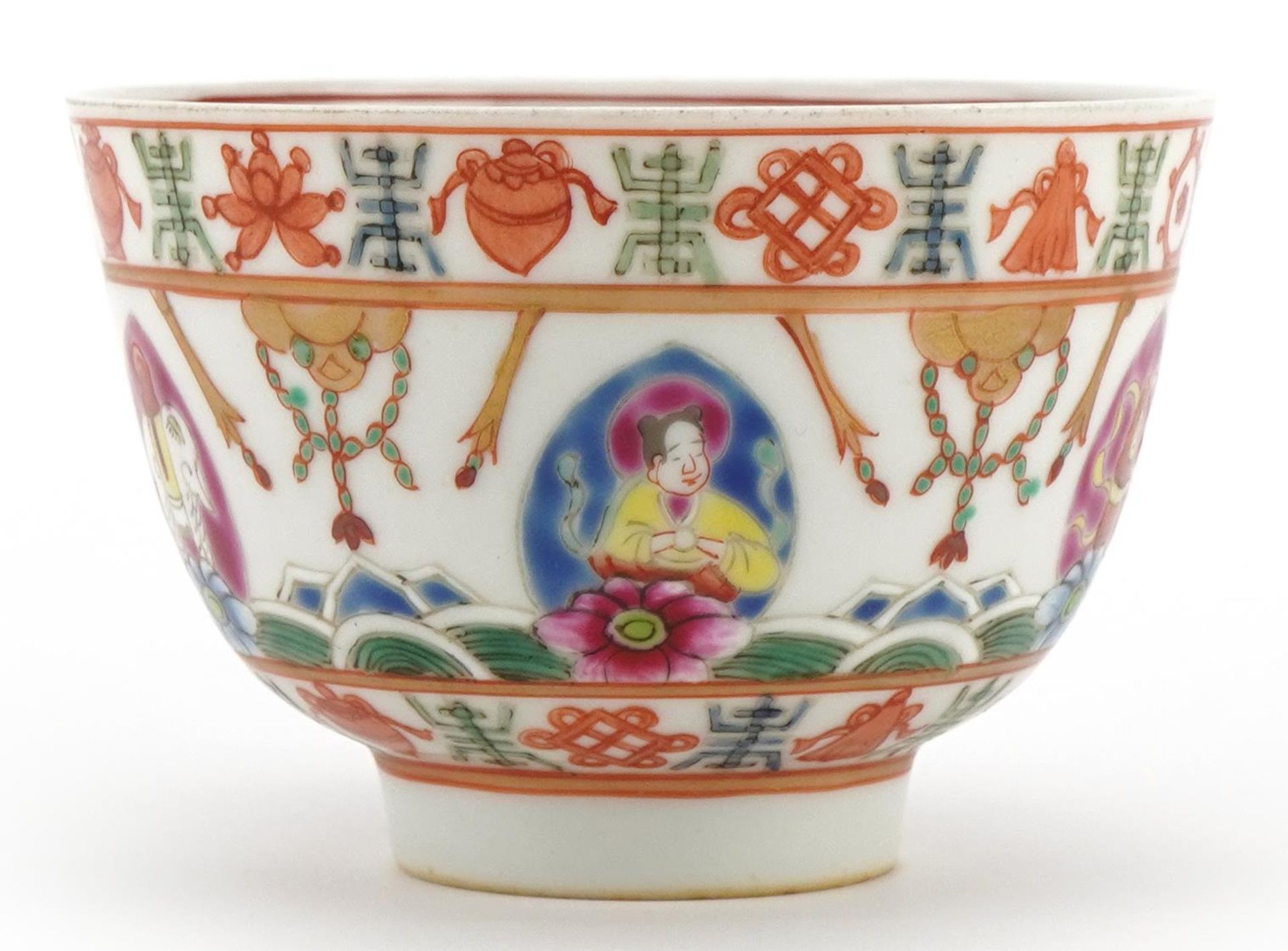 Chinese porcelain tea bowl hand painted in the famille rose palette with figures and emblems, iron
