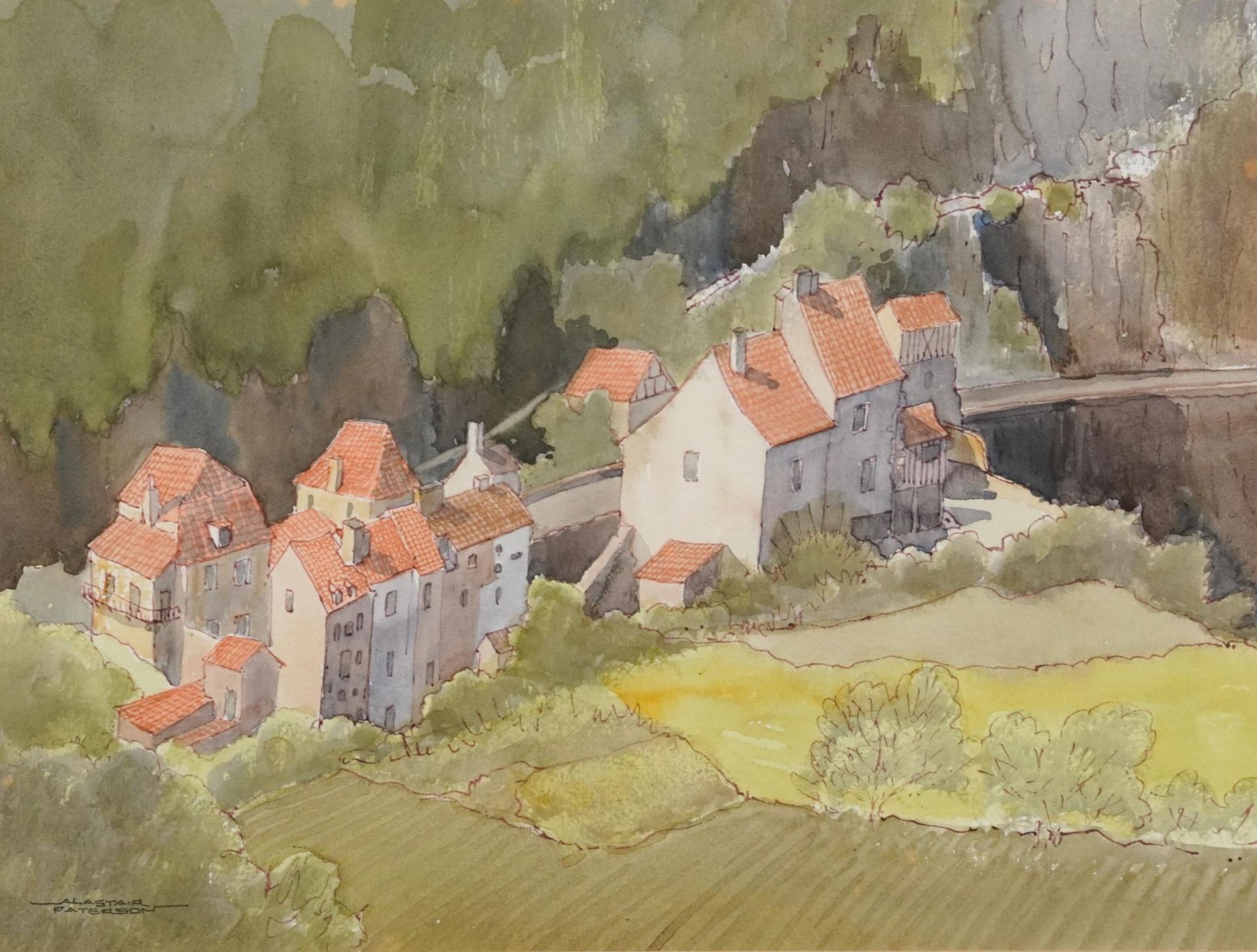 Alistair Paterson - Hill Village and French Mountain, pair of ink and watercolours, each with labels - Image 7 of 11