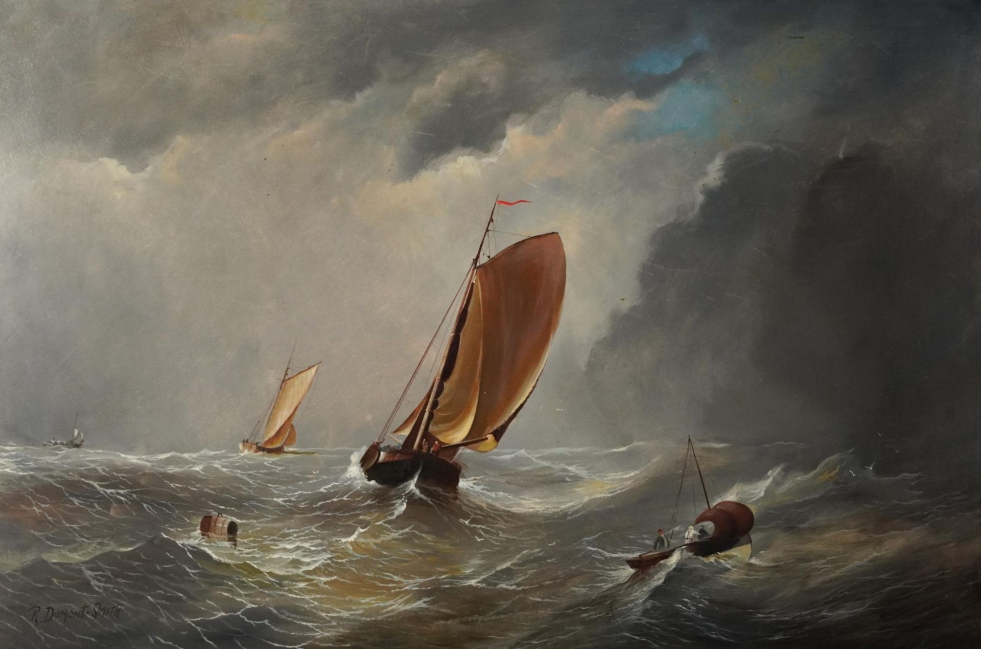 Robert Dumont Smith - Boats at sea with figures, maritime interest oil on board housed in an