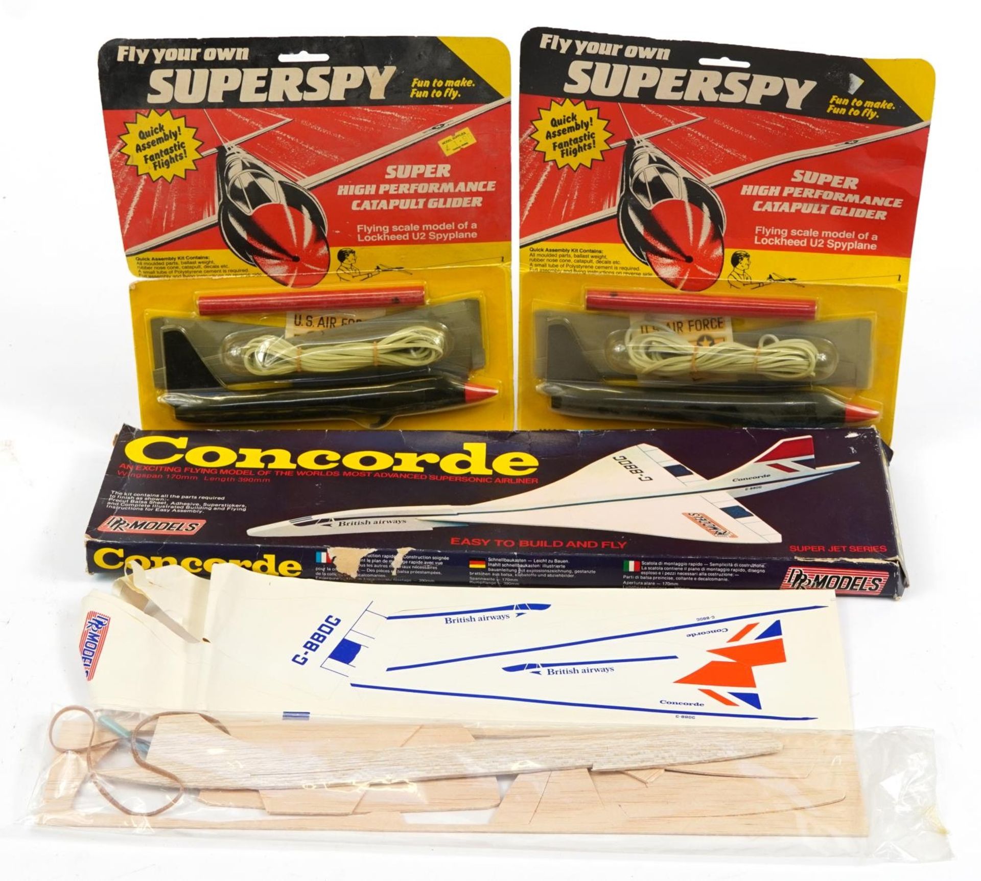 Concorde Easy Build aeroplane model and two vintage Super Spy catapult gliders