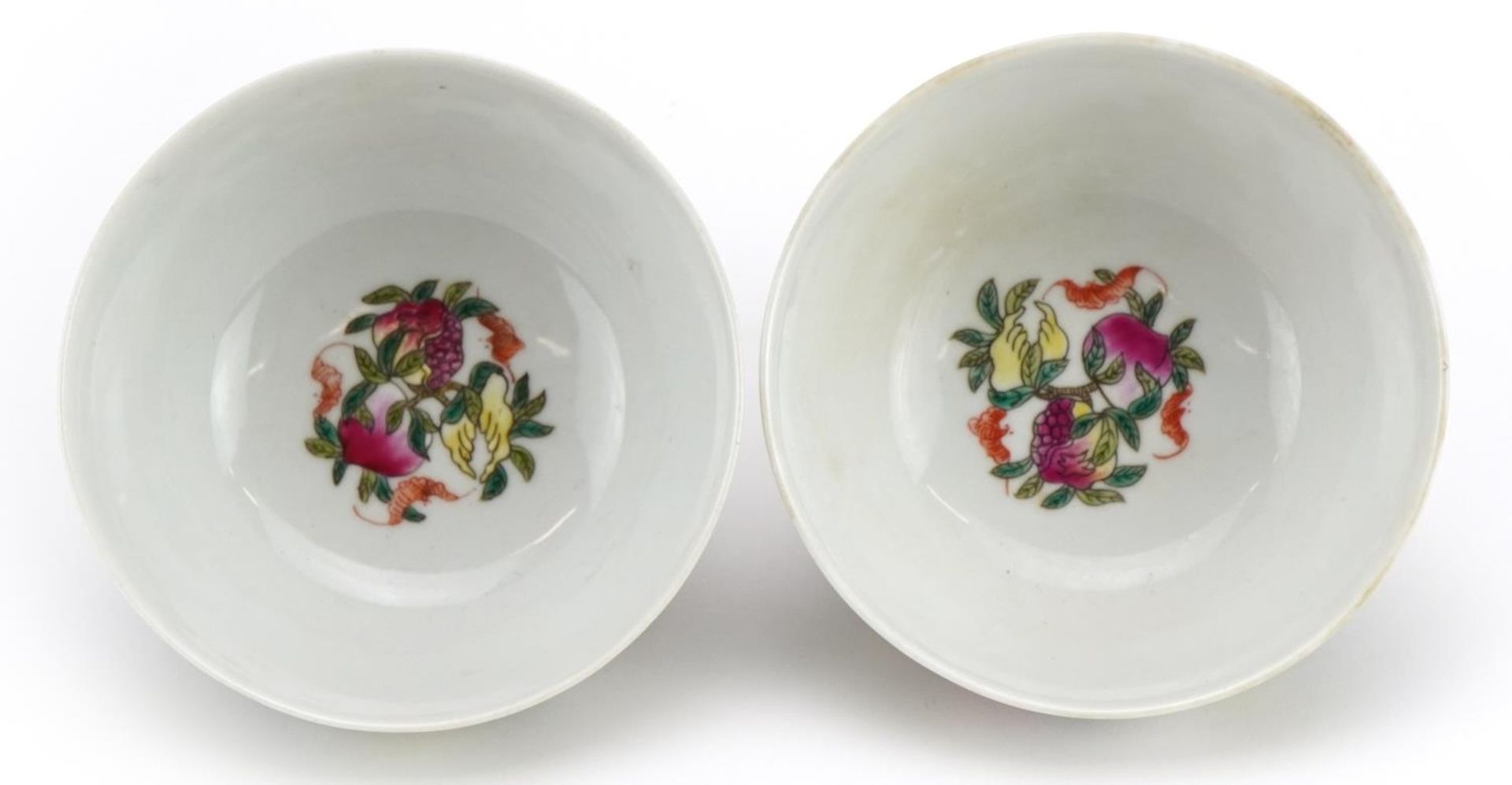 Pair of Chinese porcelain bowls hand painted with peaches and calligraphy, six figure iron red - Image 3 of 4