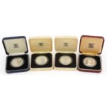 Four silver proof coins with fitted cases including Her Majesty Queen Elizabeth The Queen Mother