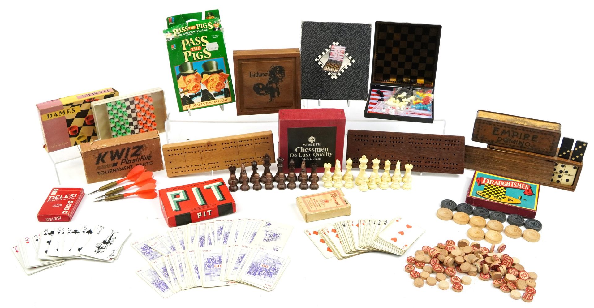 Selection of vintage games including wooden boxed bone Dominoes, Draughts, Chess, darts and cards