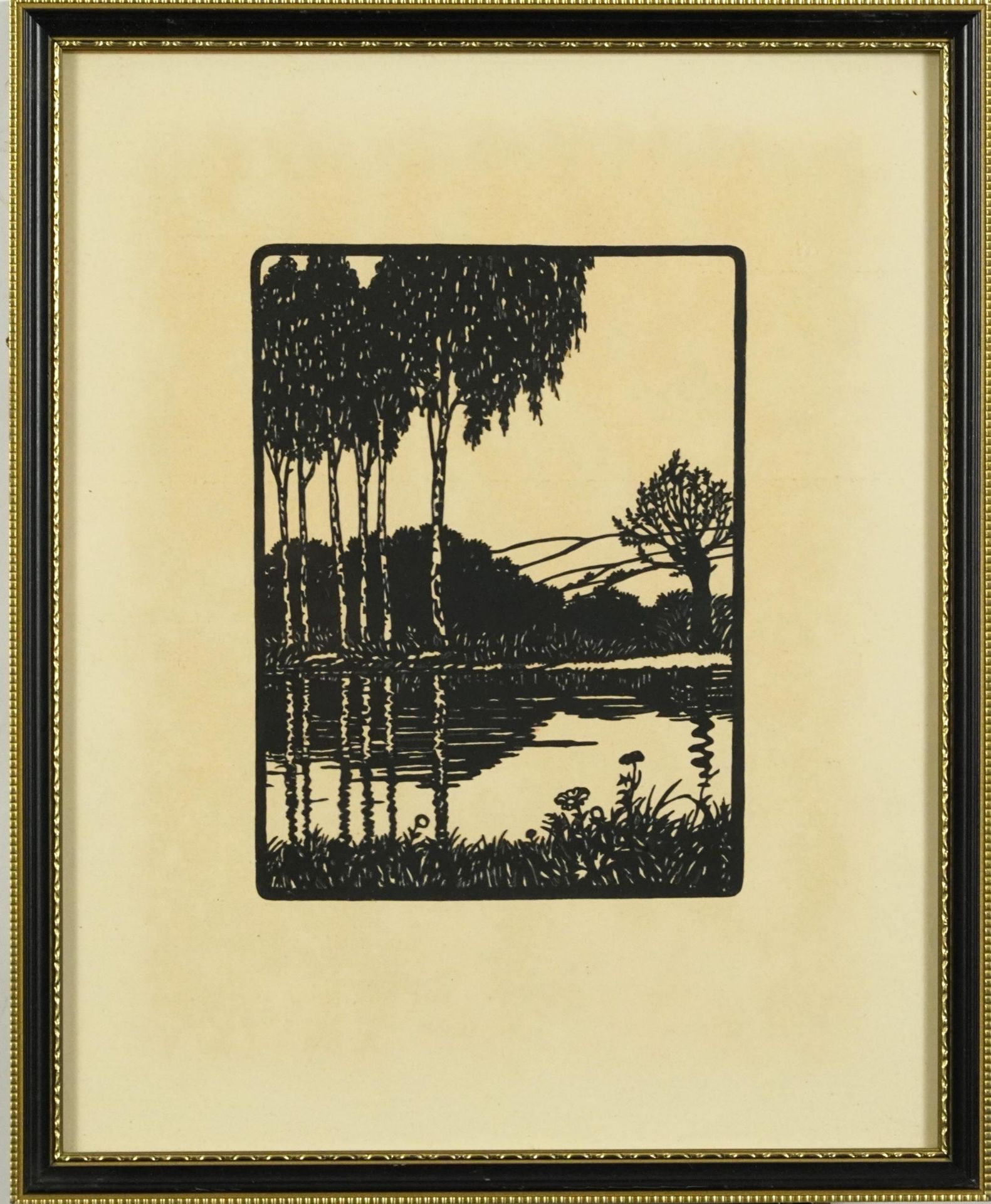 Rural landscapes with trees and deer, four woodcut prints, framed and glazed, each 28.5cm x 22.5cm - Bild 9 aus 13