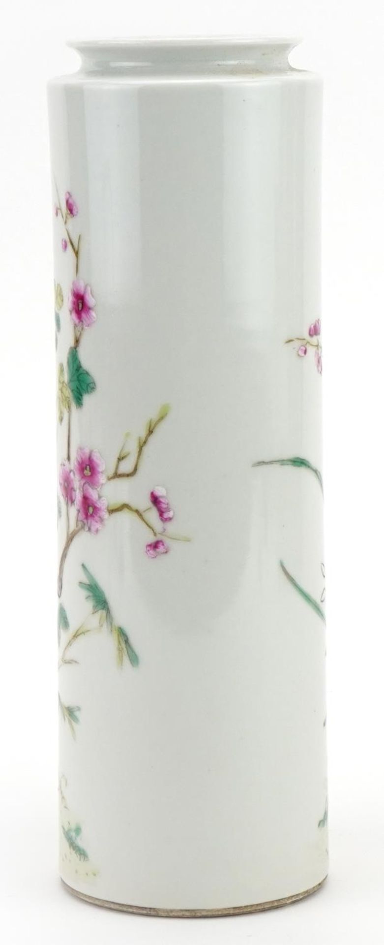 Chinese porcelain cylindrical vase hand painted in the famille rose palette with flowers, four - Image 2 of 3