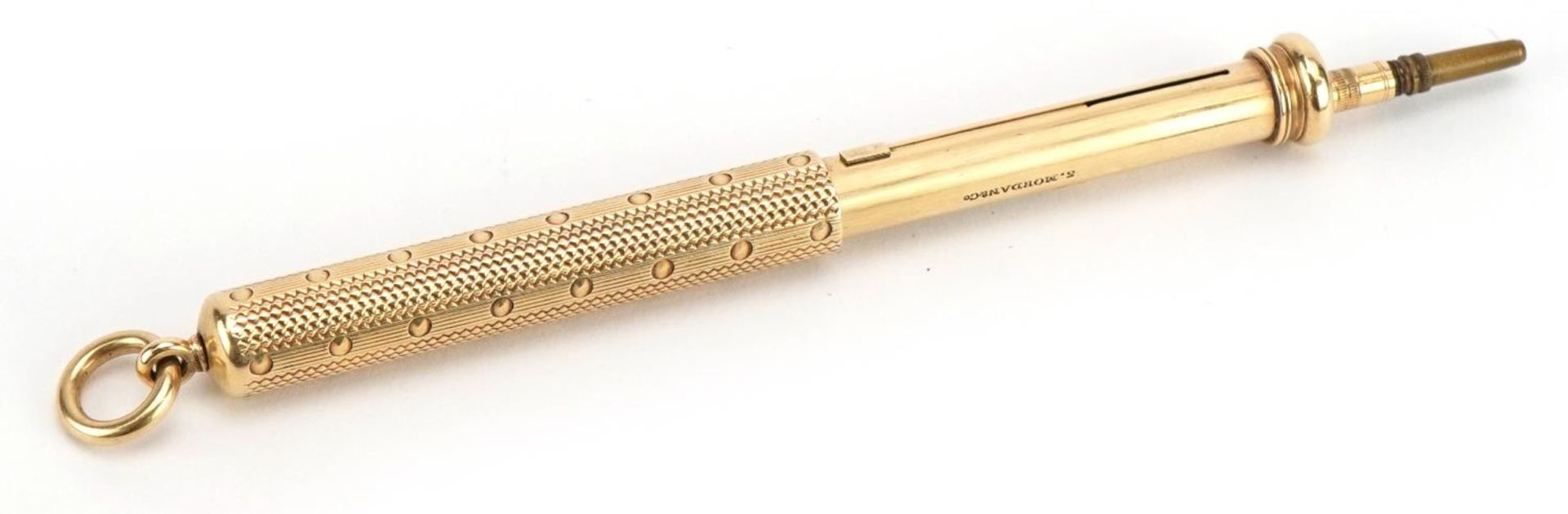 S Mordan & Co, unmarked gold propelling fountain pen and pencil with engine turned decoration, - Bild 3 aus 3