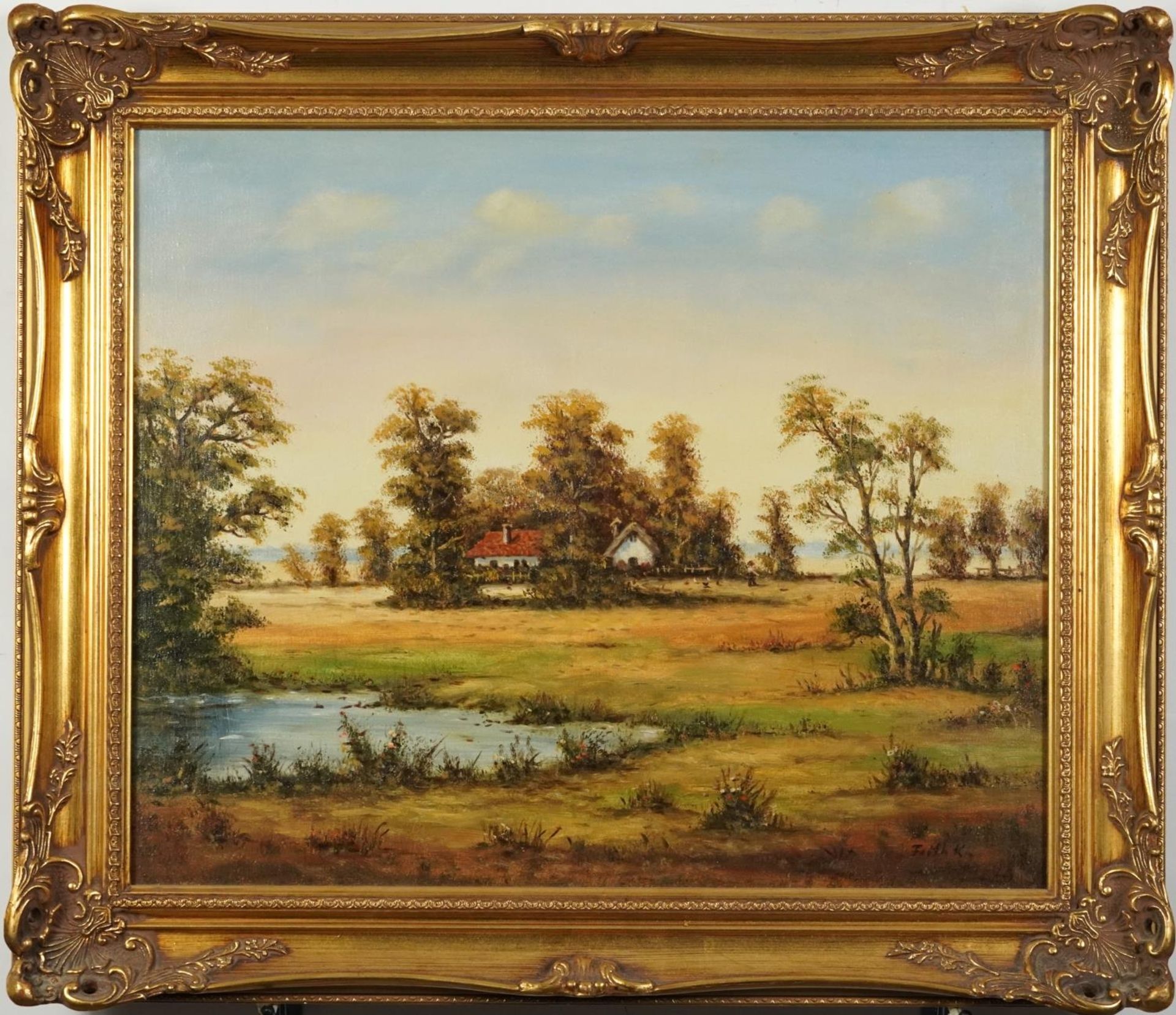 Rural landscape with cottage and lake, oil on canvas, indistinctly signed, mounted and framed, 59. - Bild 2 aus 6