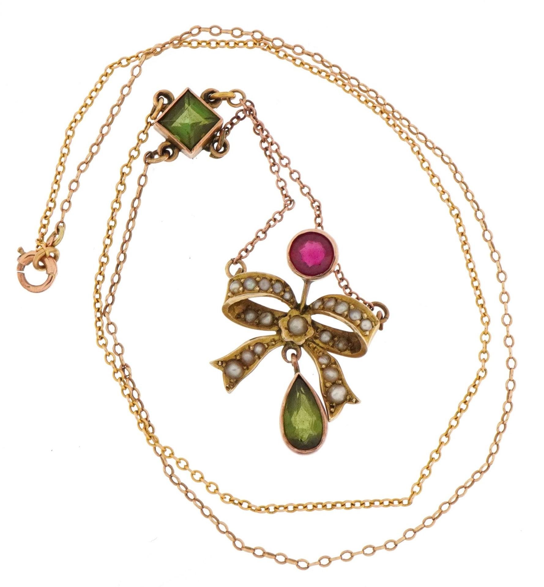 Victorian unmarked gold green stone, ruby and seed pearl bow design necklace, the green stone - Image 2 of 3