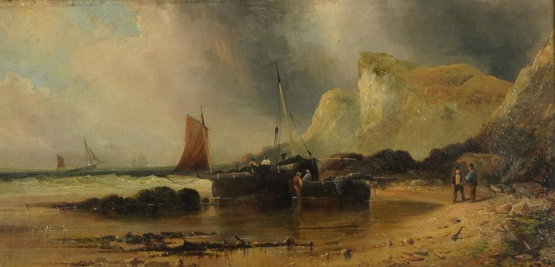 W Wall - Moored fishing boats with figures, pair of 19th century oil on canvasses, T Vintiner labels - Bild 2 aus 10