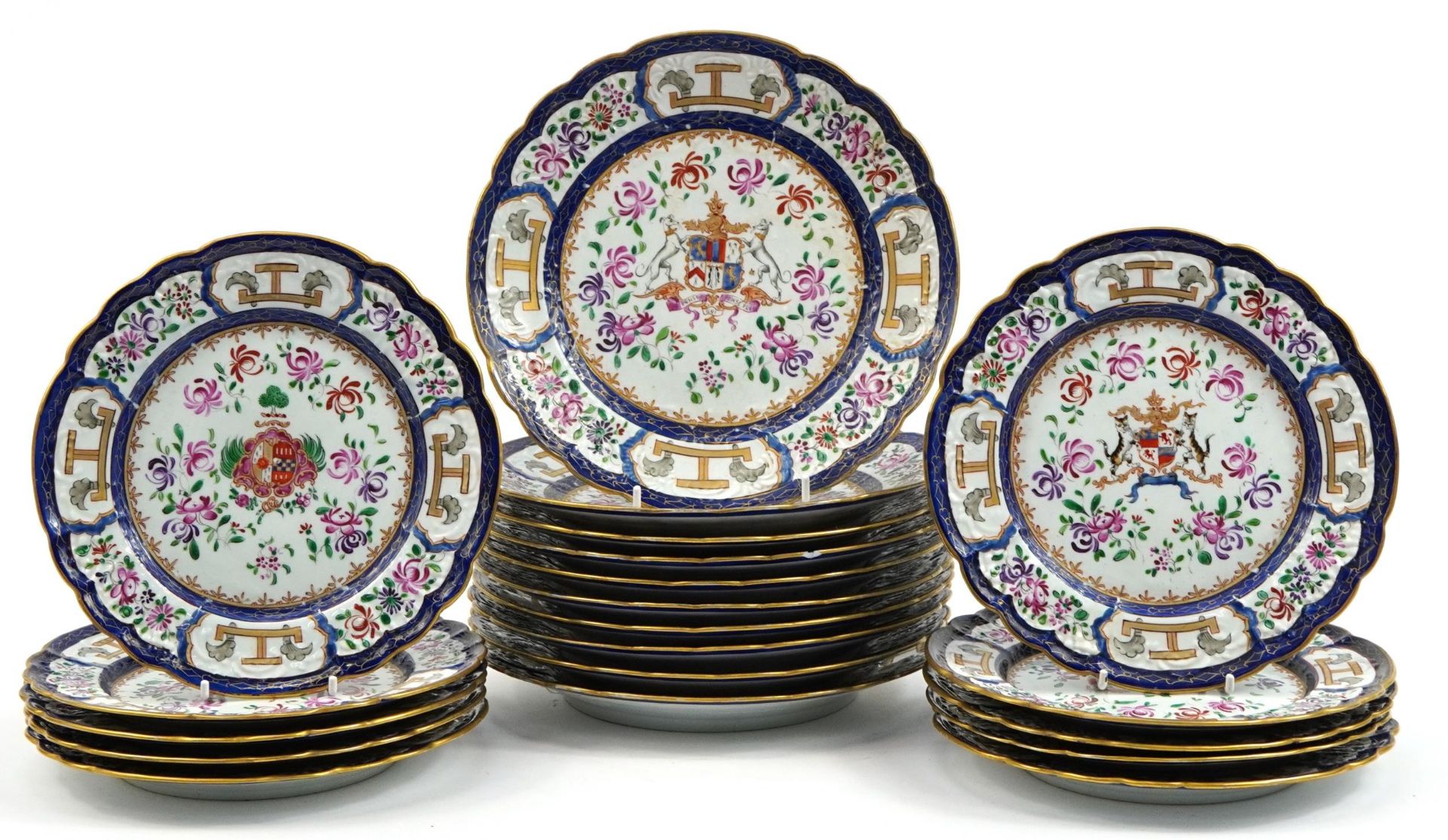 Samson, two sets of ten French Paris porcelain plates hand painted with armorial crests and flowers,