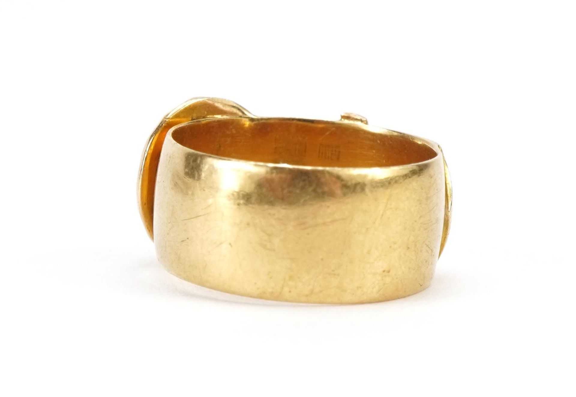 Edwardian 18ct gold buckle ring set with a diamond, London 1908, size J/K, 6.2g - Image 2 of 3