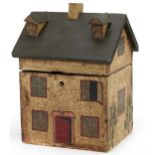 Hand painted wooden box with hinged lid in the form of a Georgian house, 22cm H x 16cm W x 14cm D