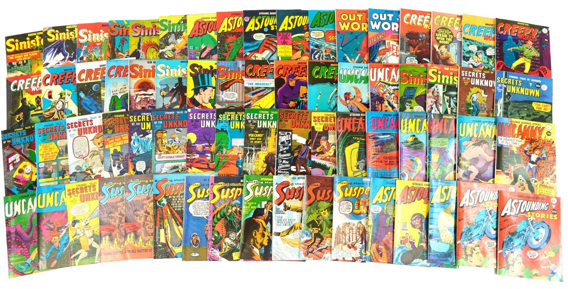 Collection of vintage comics including Sinister Tales, Secrets of the Unknown and Amazing Stories of