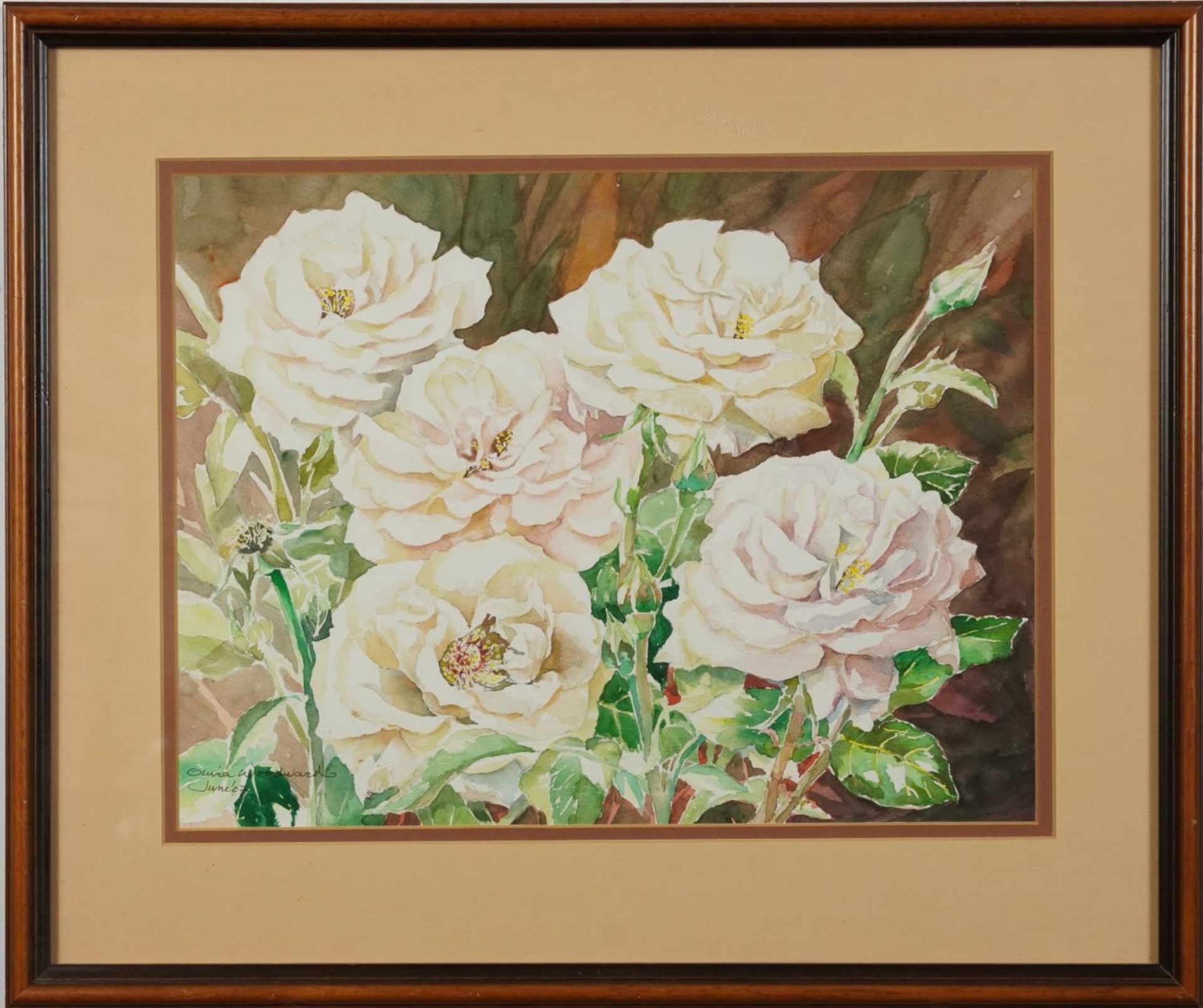 Olivia Woodward - Still life, roses and flowers, pair of watercolours, each mounted, framed and - Image 3 of 9