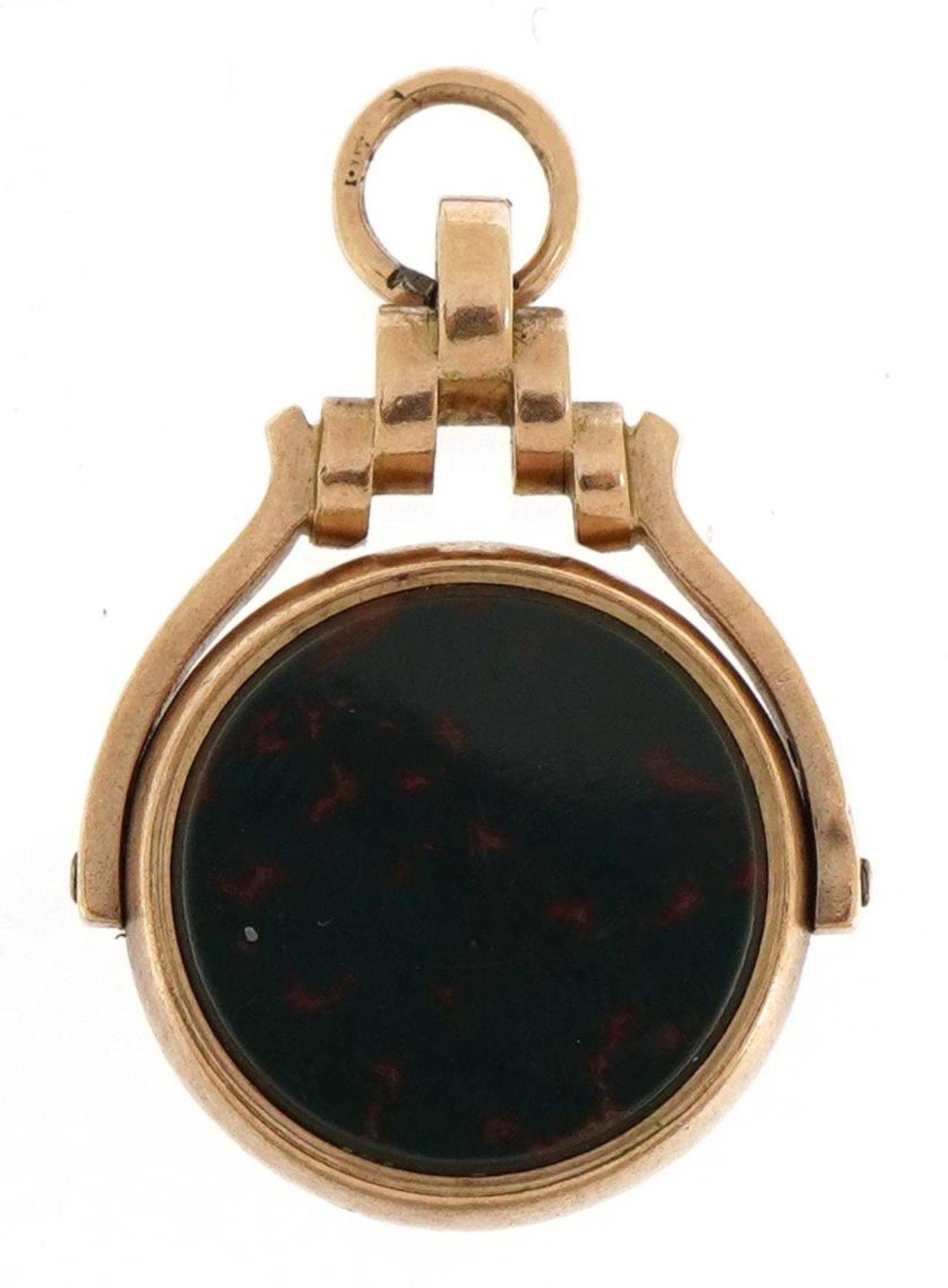 9ct rose gold blood stone and carnelian spinner fob, 2.6cm high, 4.3g