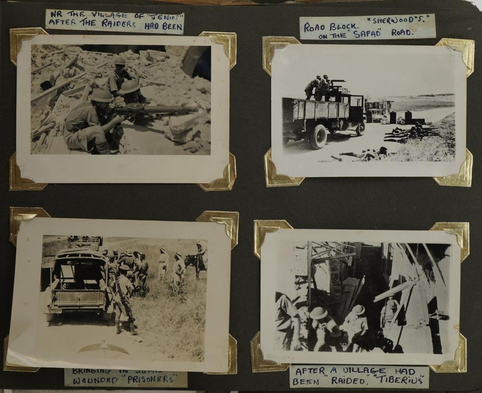 Military interest black and white photographs arranged in an album including Jordon Valley, Sea of