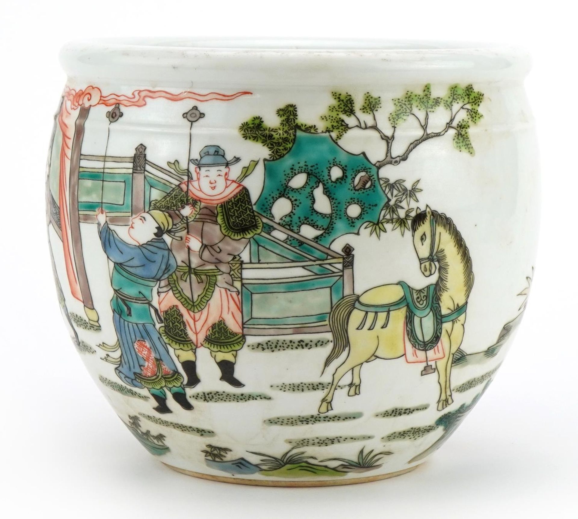 Chinese porcelain planter hand painted in the famille verte palette with warriors and figures in a - Image 2 of 3