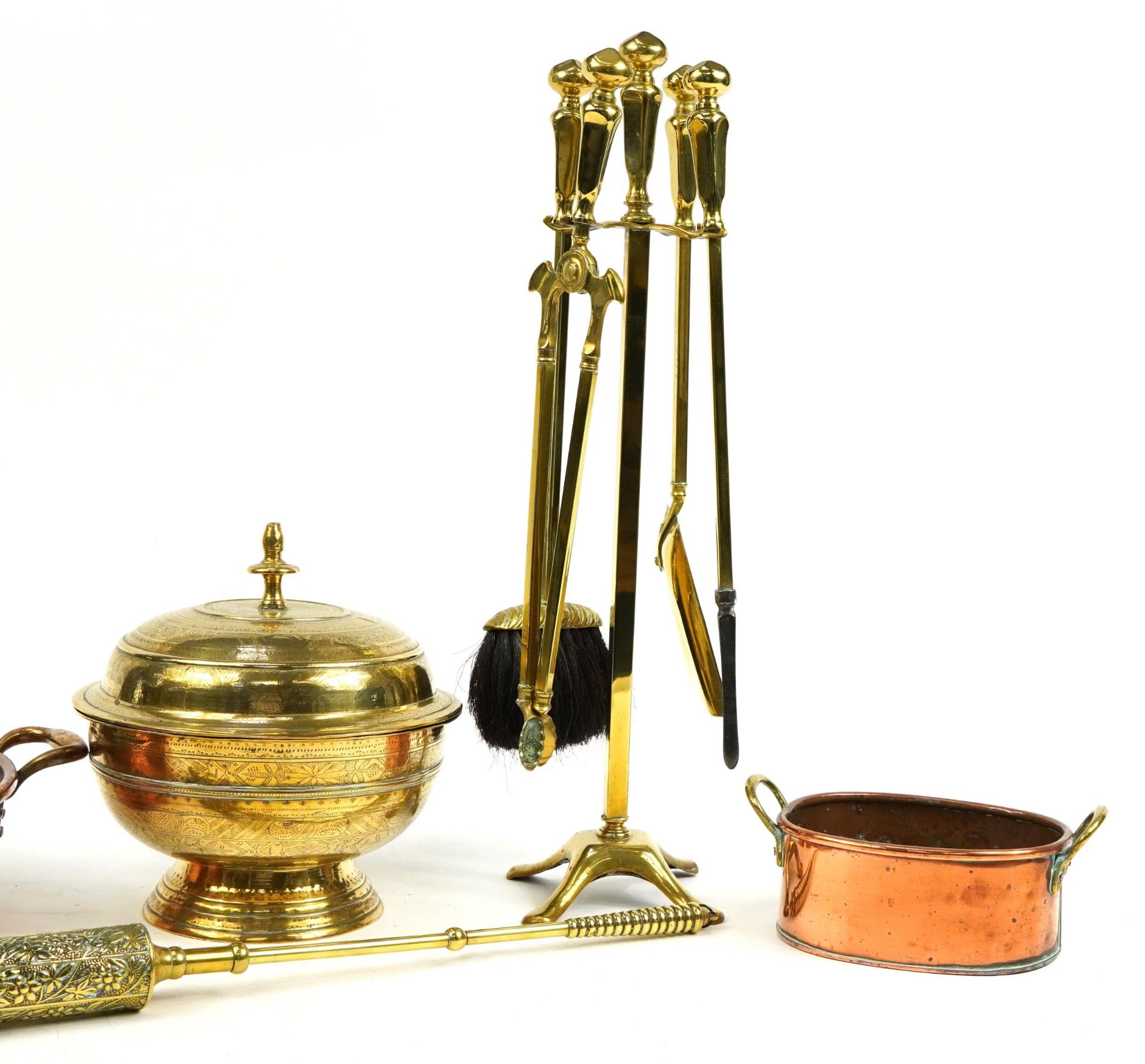 Antique and later metalware including fireside companion set and circular copper preserve pan, the - Image 3 of 3