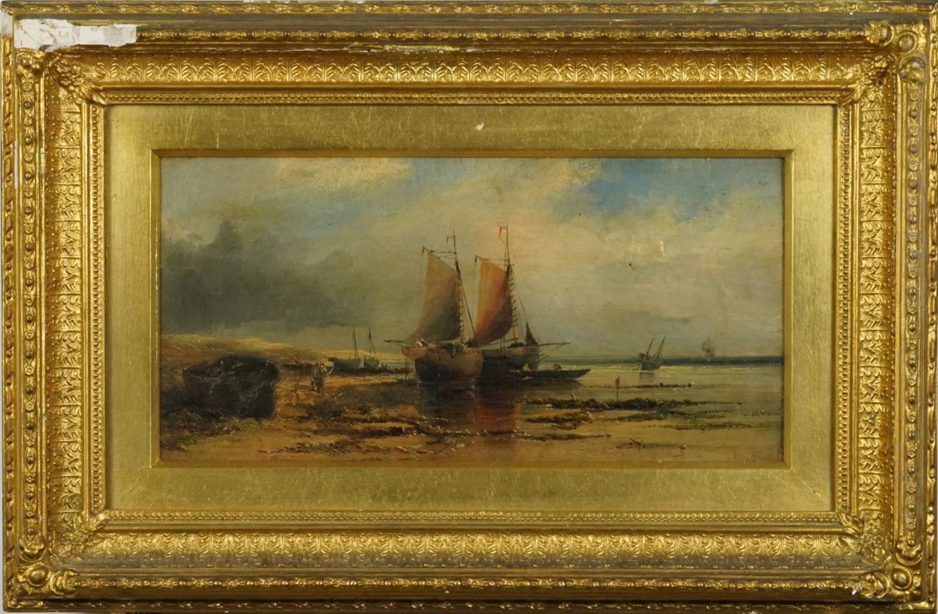 W Wall - Moored fishing boats with figures, pair of 19th century oil on canvasses, T Vintiner labels - Bild 7 aus 10