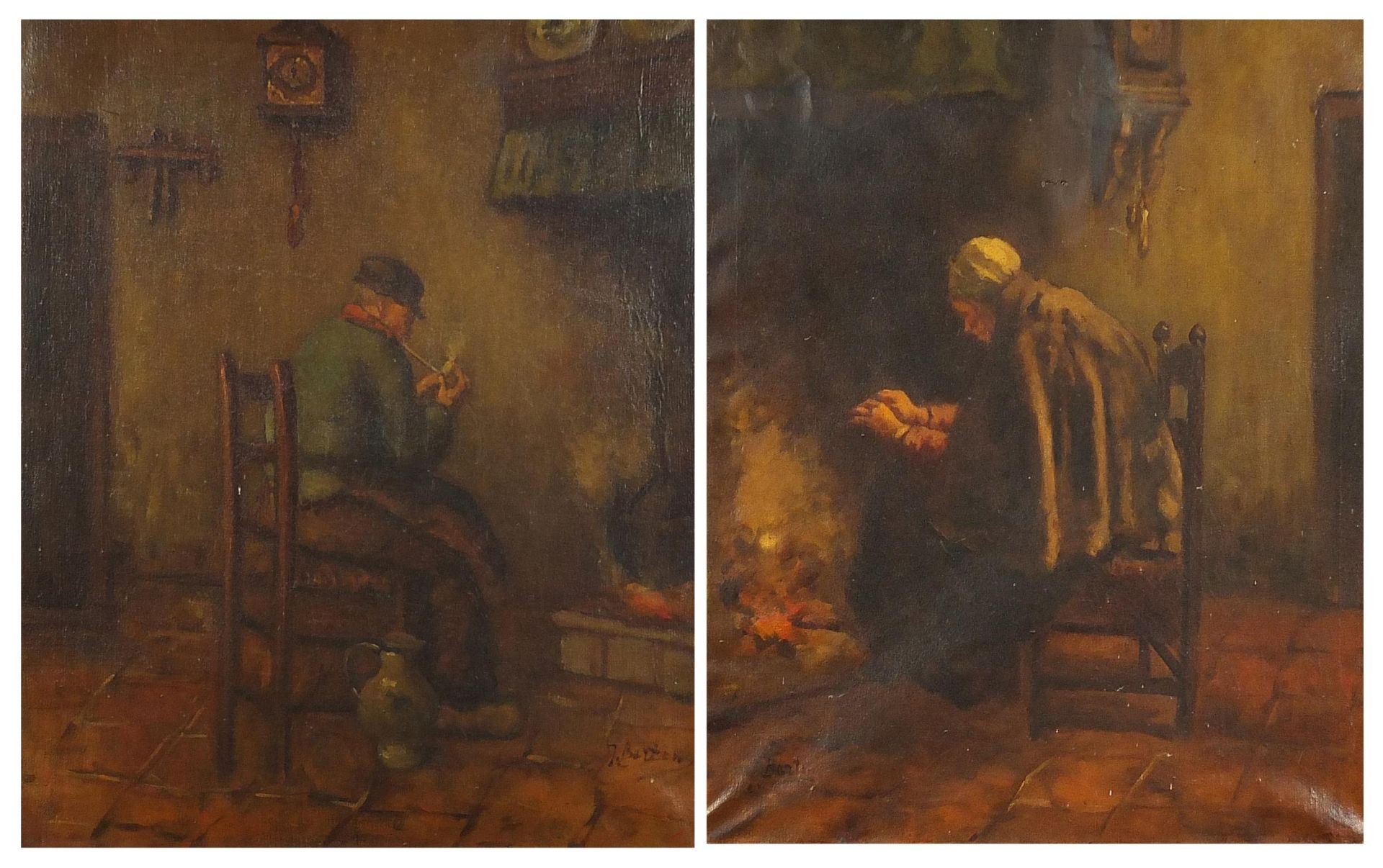 Female beside a fire and gentleman smoking a pipe, pair of Dutch school oil on canvasses, each