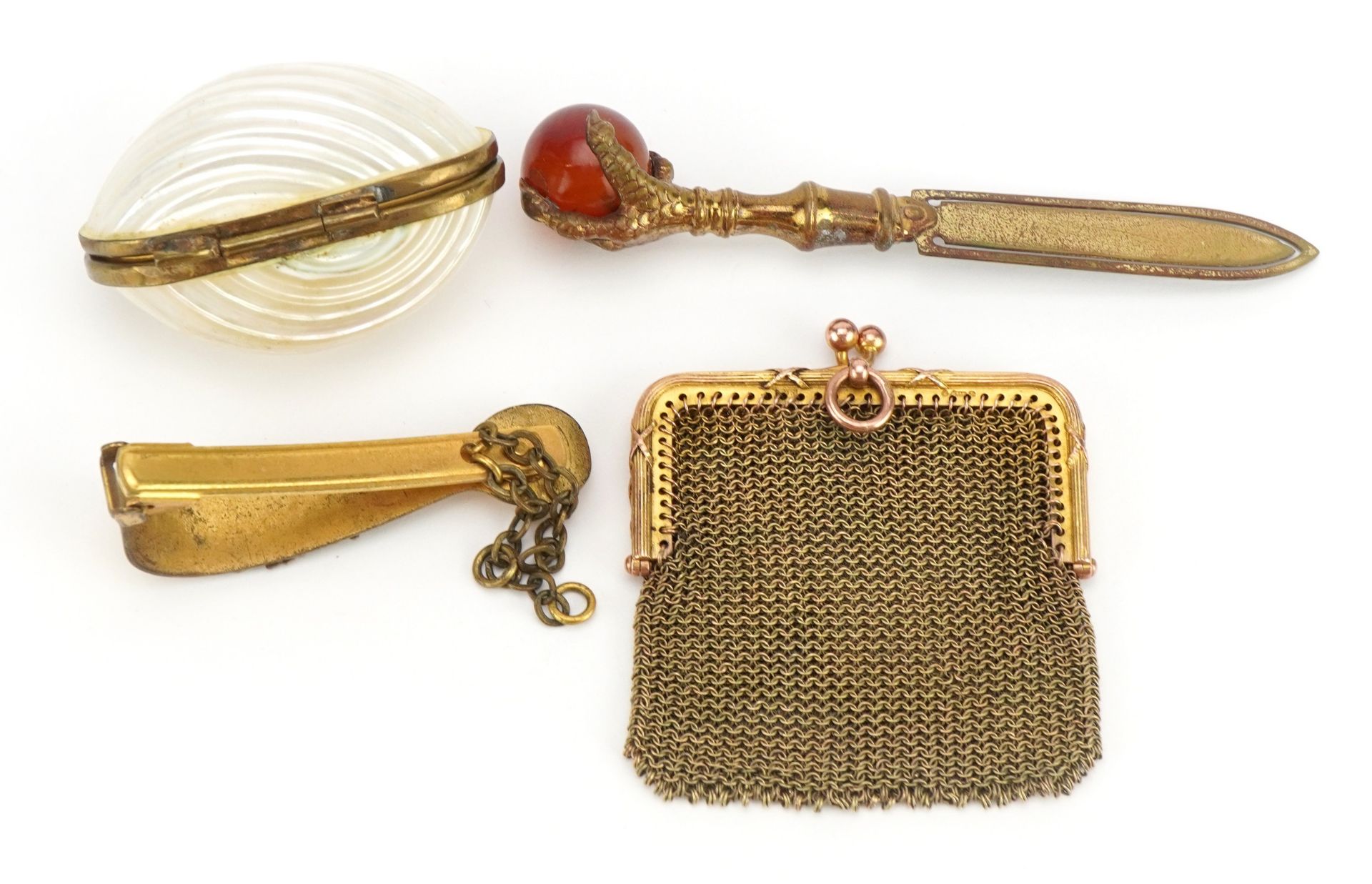 Victorian brass and hardstone claw bookmark, small gilt metal purse, shell purse and gilt metal - Image 2 of 2