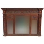Large carved oak triple aspect over mantle mirror with bevelled glass, 100cm H x 143cm W x 12cm D