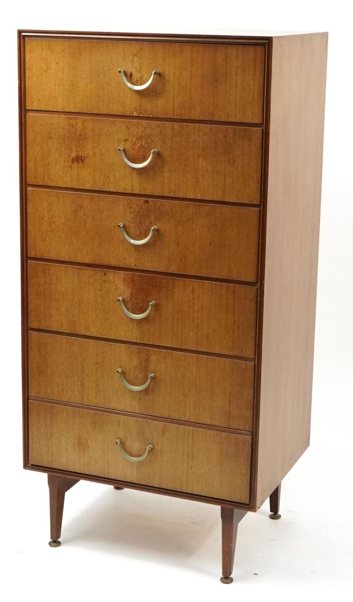Vintage Meredew five drawer chest with brass handles, 127cm H x 61cm W x 45.5cm D