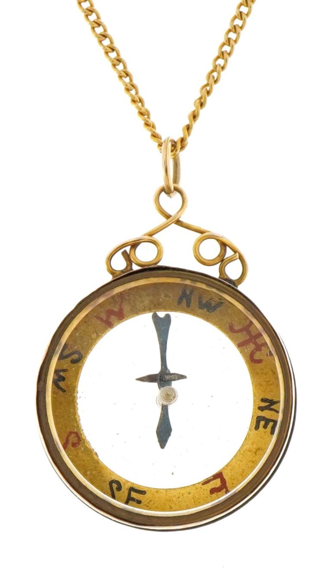 9ct gold compass pendant on an unmarked gold necklace, tests as 9ct gold, 2.5cm high and 60cm in