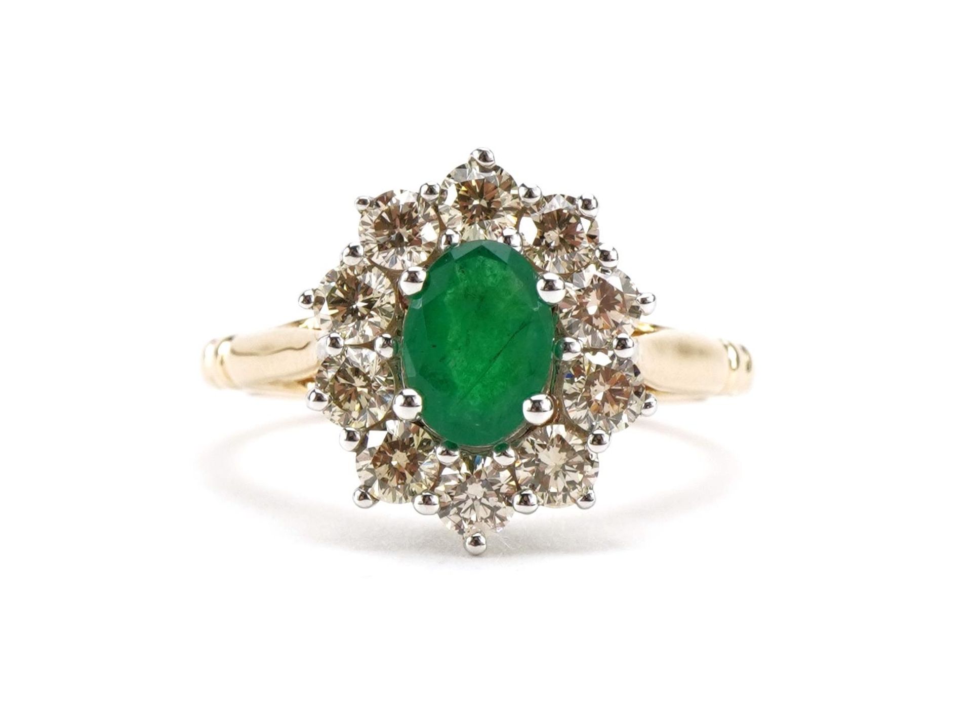 9ct gold emerald and diamond cluster ring, total emerald weight approximately 0.85 carat, total