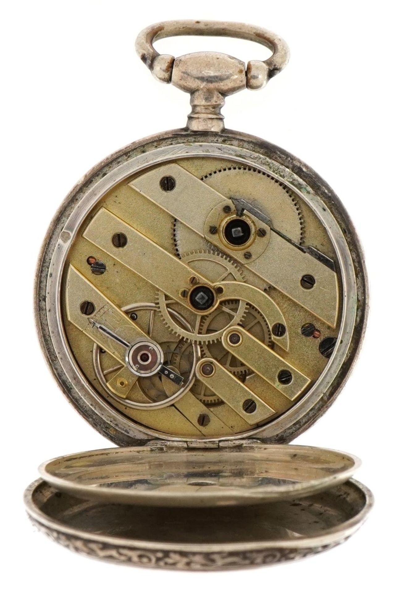 Hewet Chartier white metal open face pocket watch with enamelled dial, the case marked Argent Fin, - Image 3 of 6