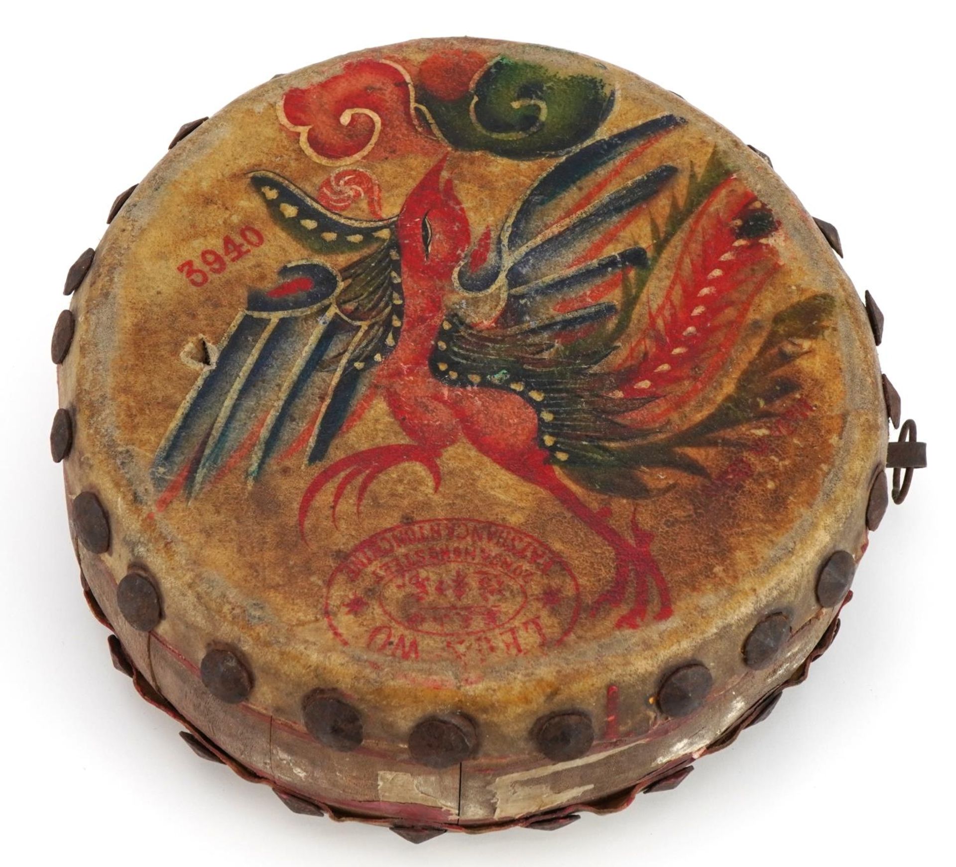 Chinese folk art Bangu hide drum painted with phoenix, 24cm in diameter - Bild 2 aus 4