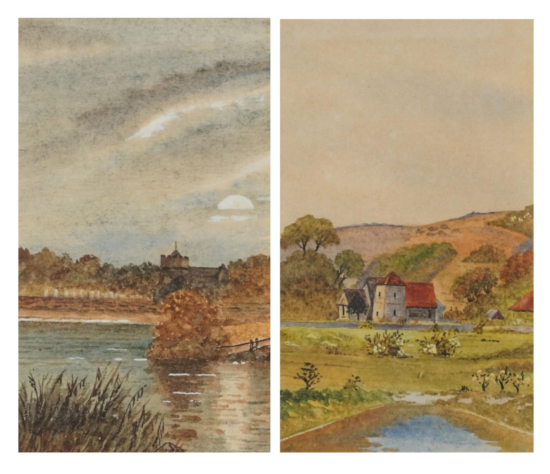 H Burchett - Falmer Church and East Dean Church, pair of watercolours, each with details verso,