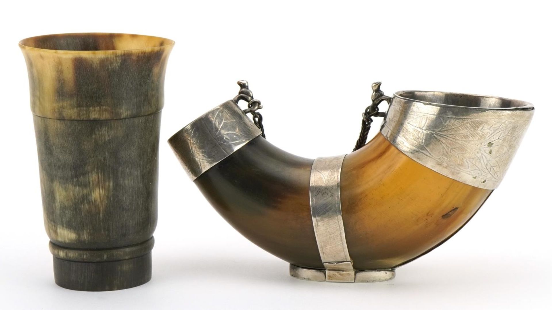 Victorian horn beaker and a powder flask with white metal mounts engraved Charles Cowan from Charles - Image 2 of 4