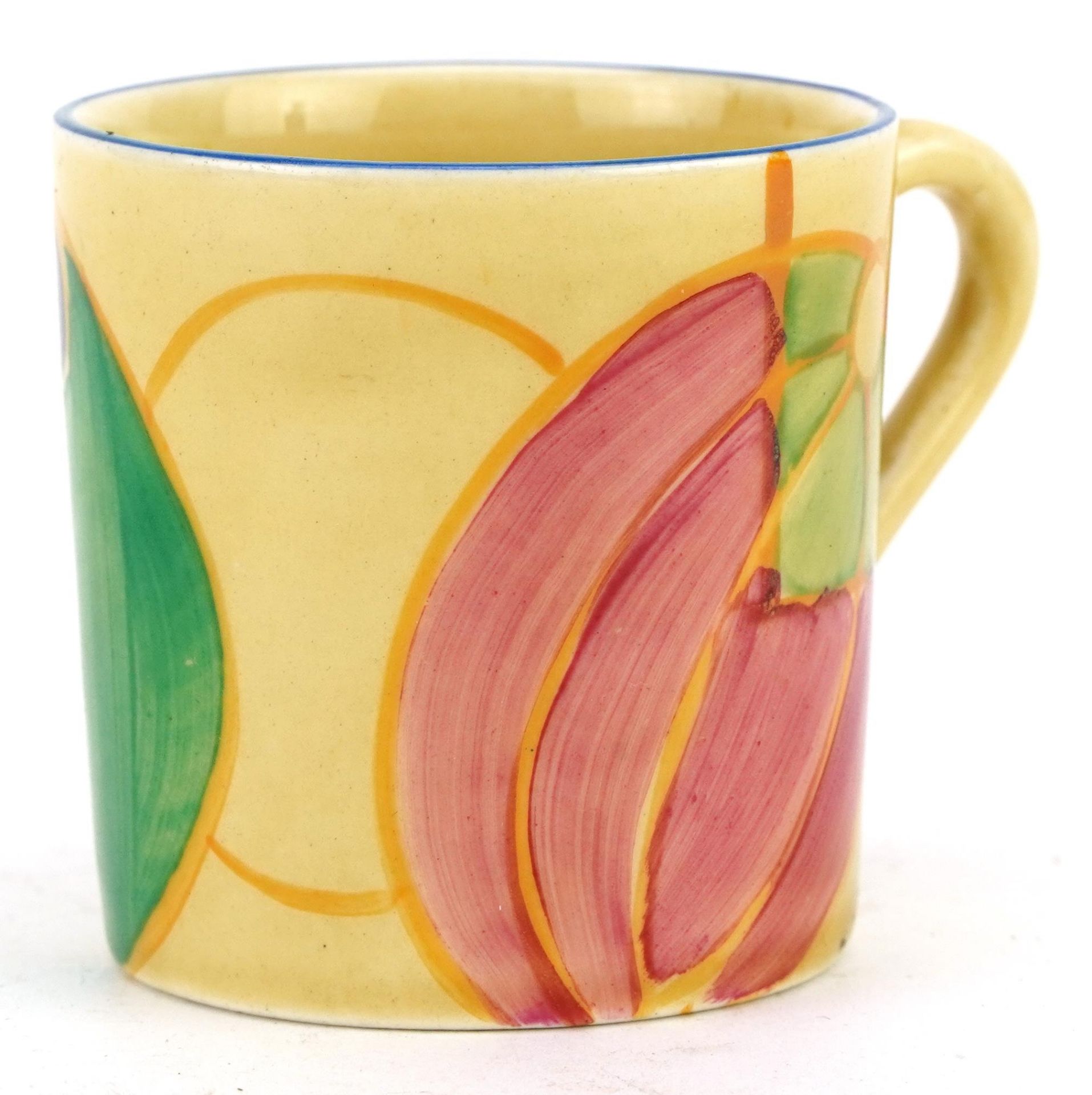 Clarice Cliff, Art Deco Fantasque coffee can hand painted with pastel melons, 5.5cm high