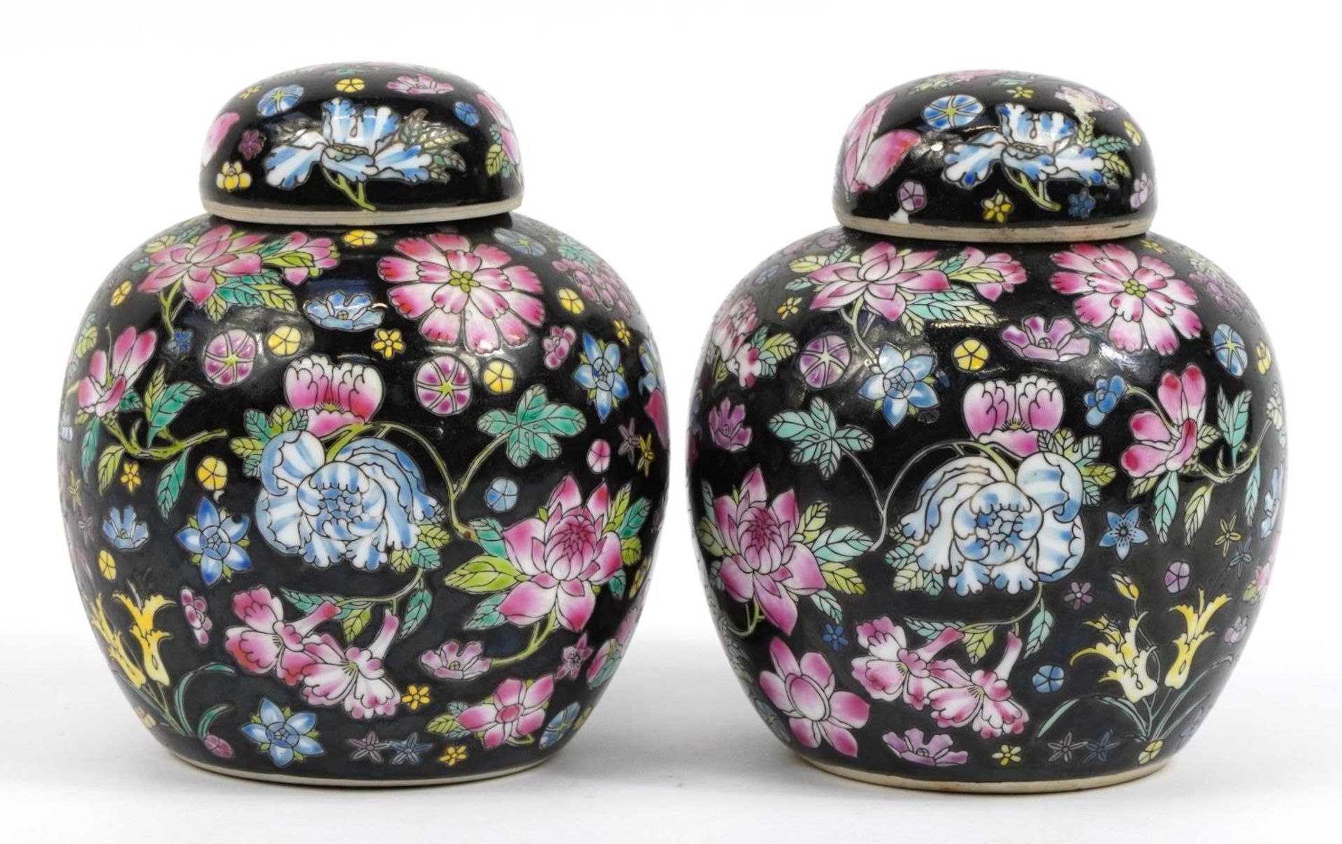 Pair of Chinese porcelain ginger jars and covers hand painted in the famille noire palette with - Image 2 of 3