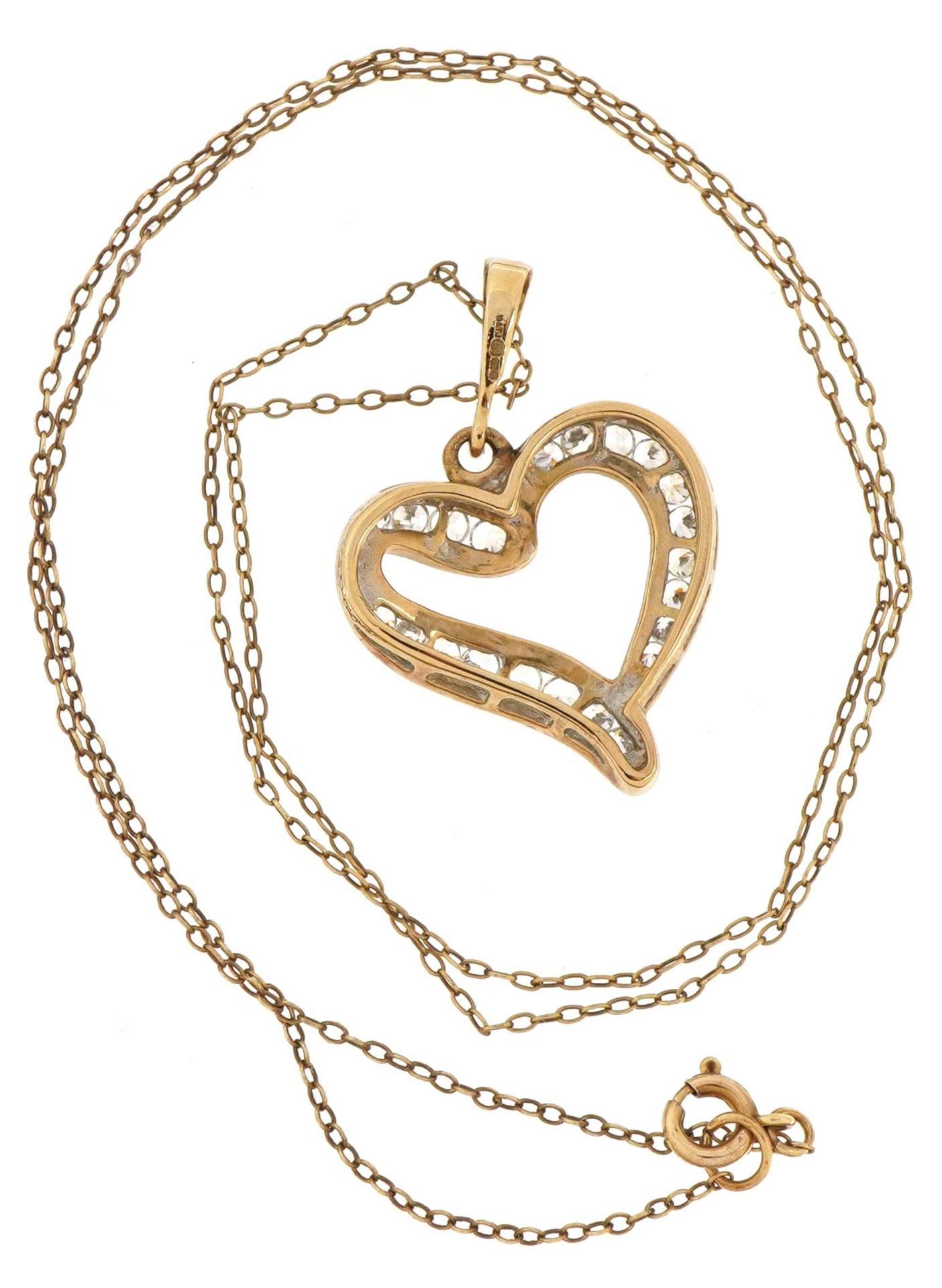 9ct gold clear stone love heart pendant on a 9ct gold Belcher link necklace, 3.2cm high and 48cm - Image 3 of 5