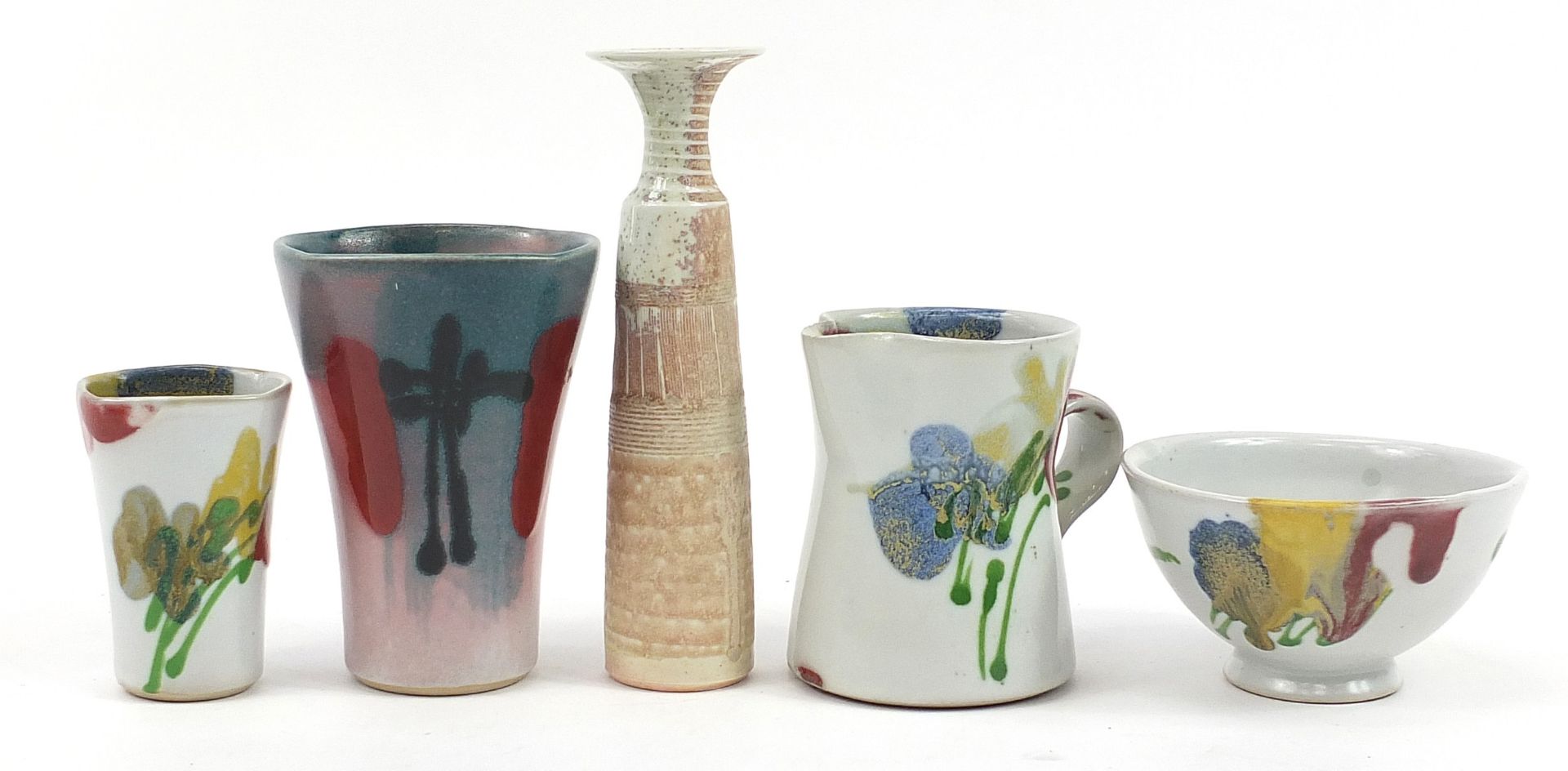 Janice Tchalenko for Dartington, Studio pottery including three vases and a jug, the largest 19.